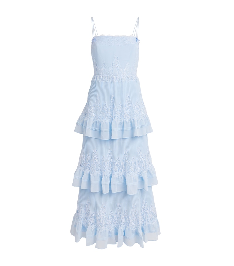 Self-Portrait Womens Chiffon Lace-Trim Midi Dress Blue Image 1