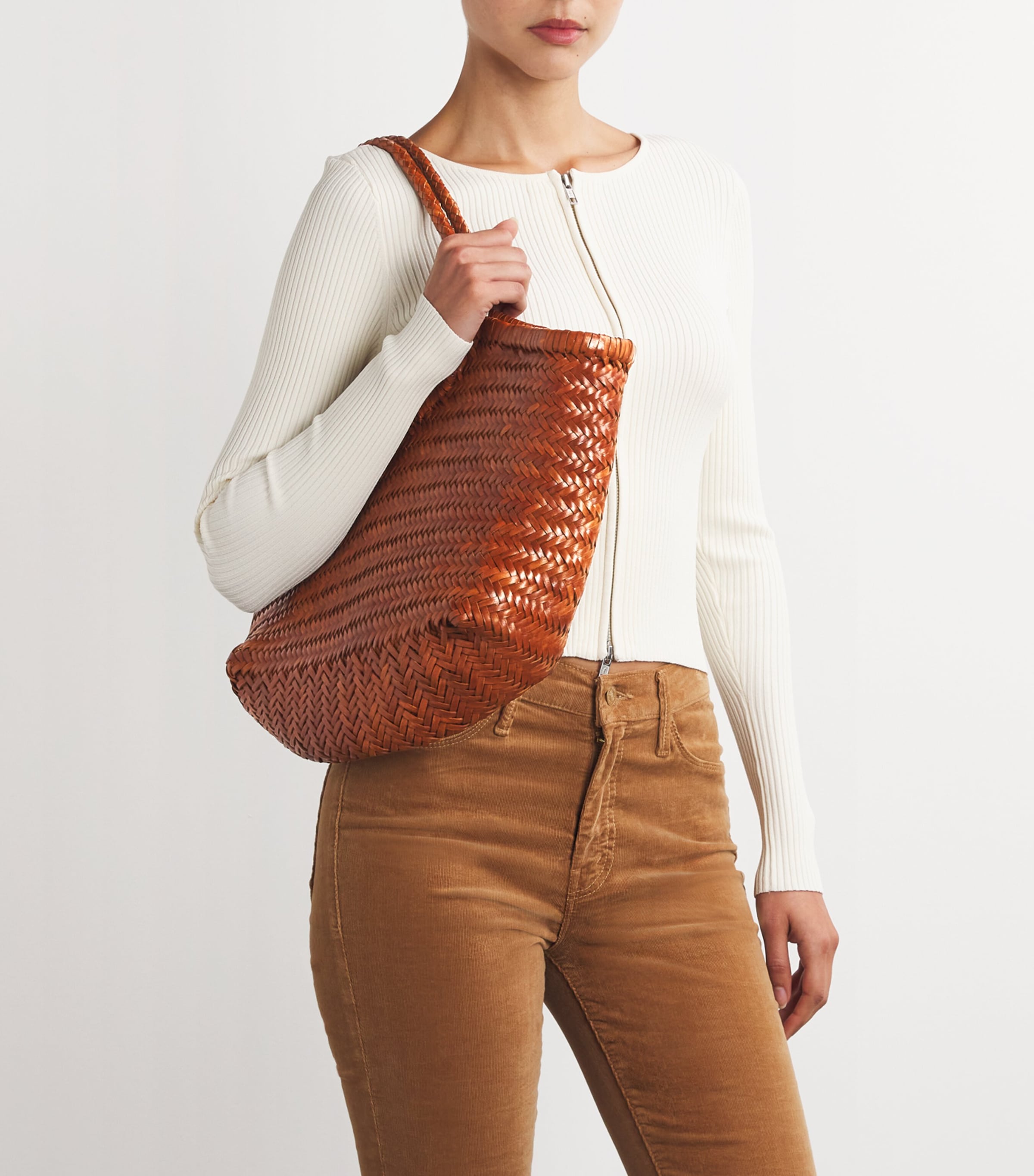 Large Leather Woven Nantucket Tote Bag TAN Image 2