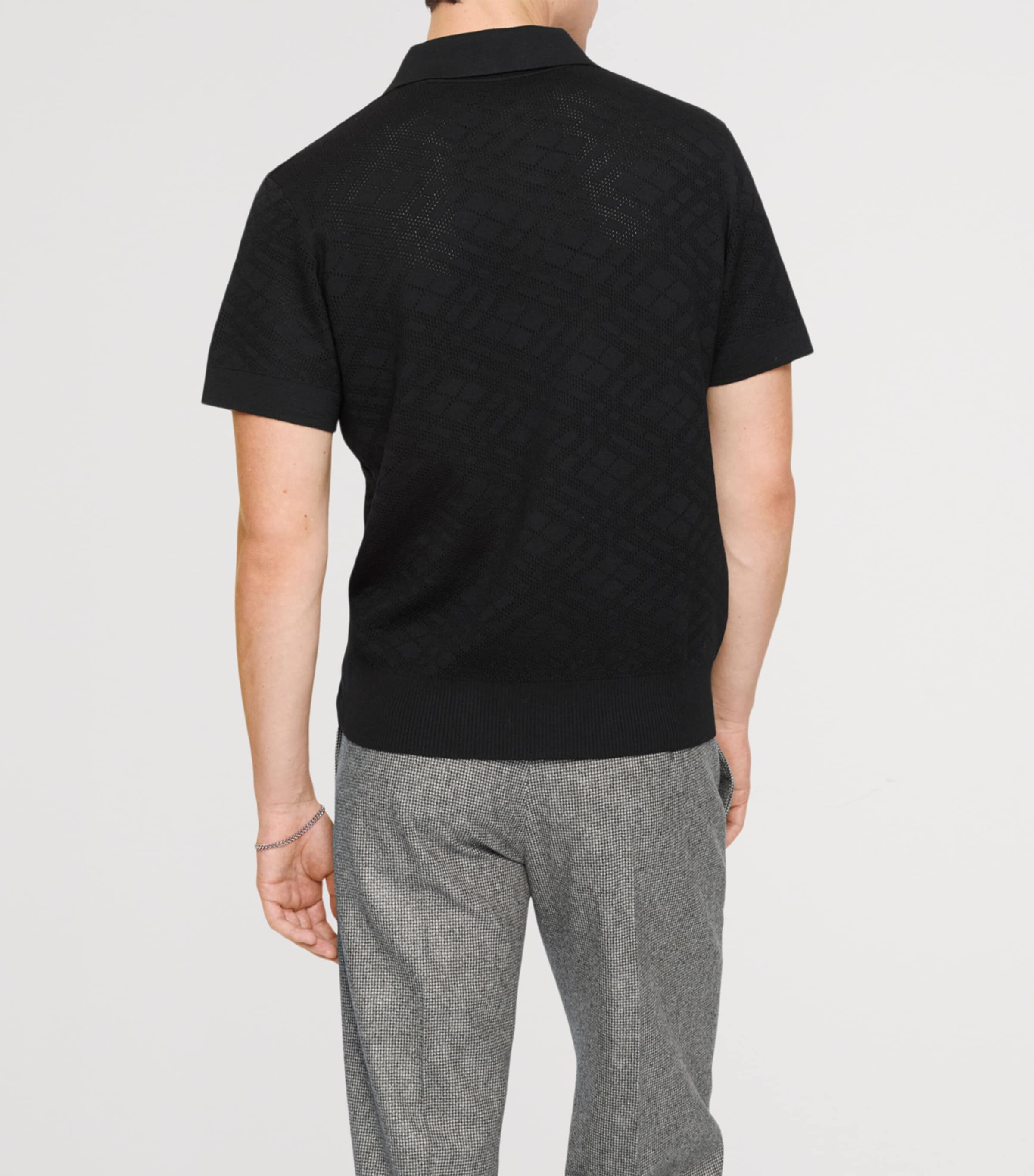 Wool Check Pointelle Polo Shirt BLACK Image 3