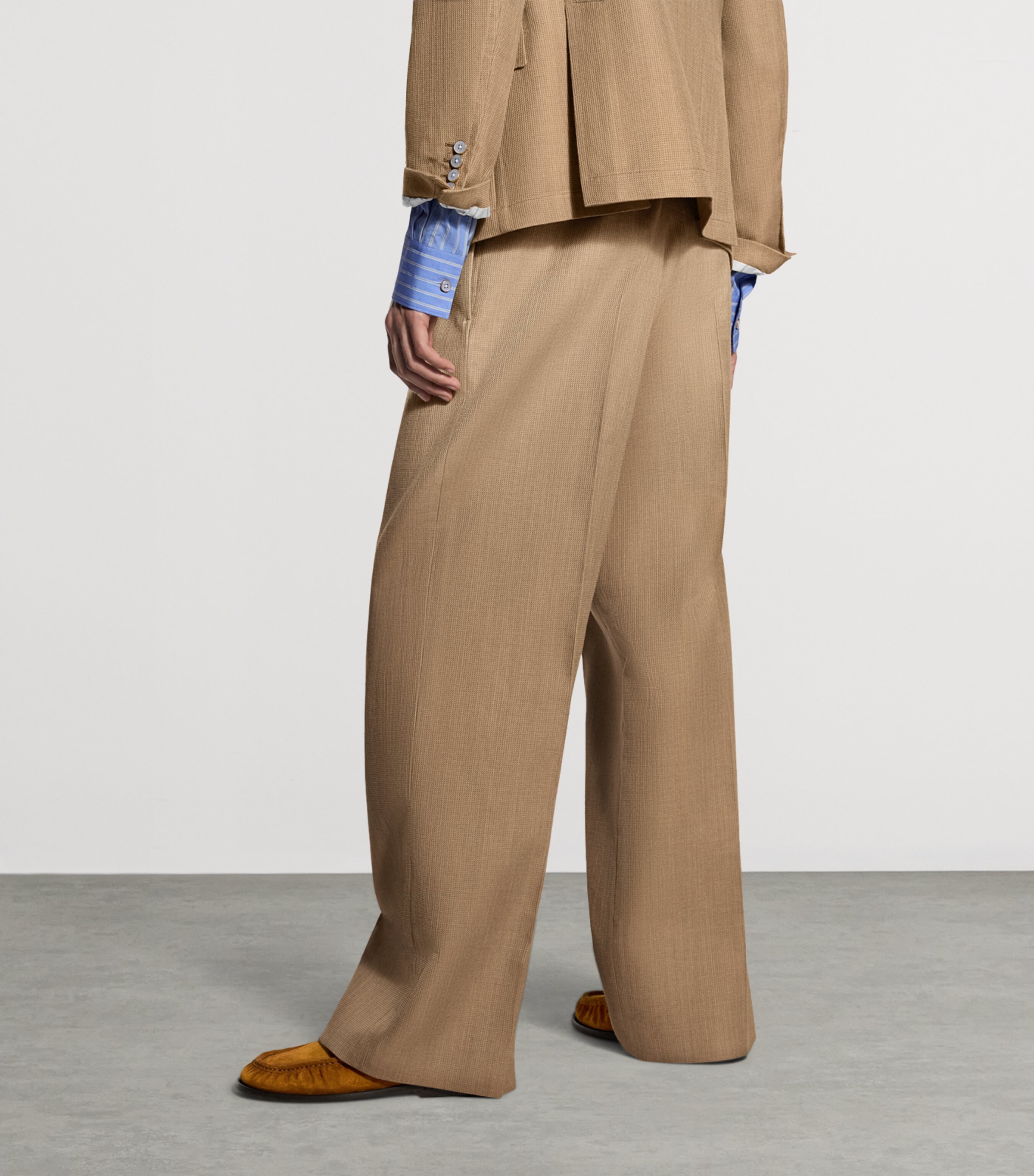 LOUIS VUITTON Mens Wool-Silk Buckle Drawstring Trousers Camel Brown Image 3
