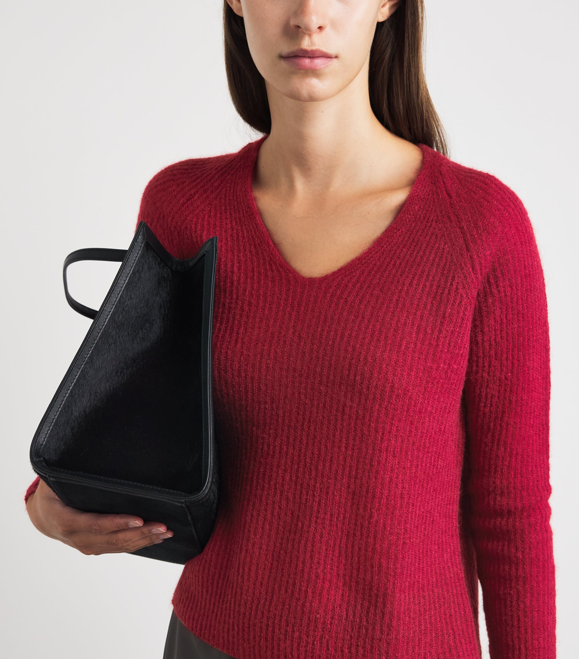MM Womens Ribbed V-Neck Sweater Dark Red Image 3
