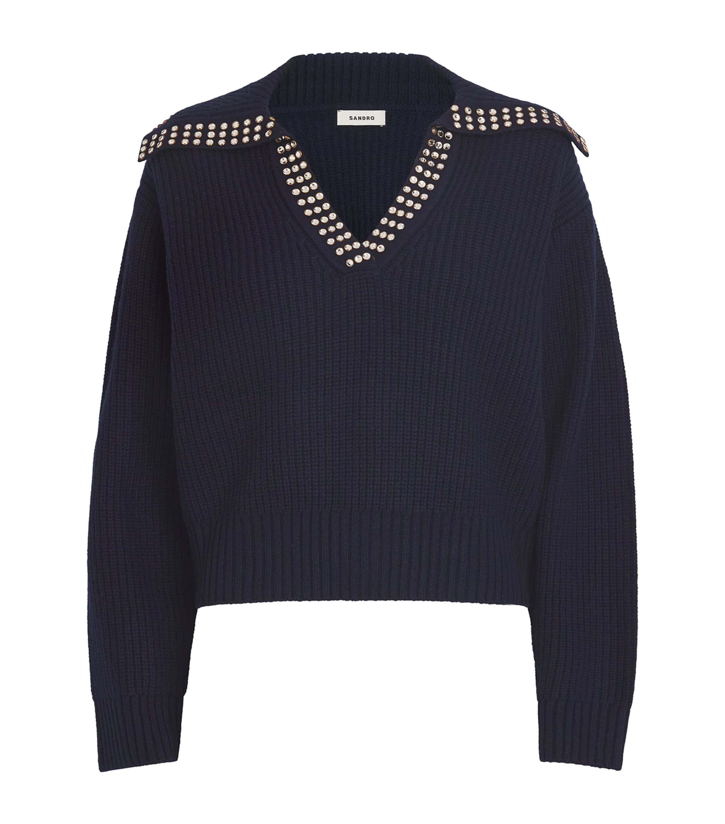 Shop Sandro Wool Embellished Sailor-neck Sweater In Blue