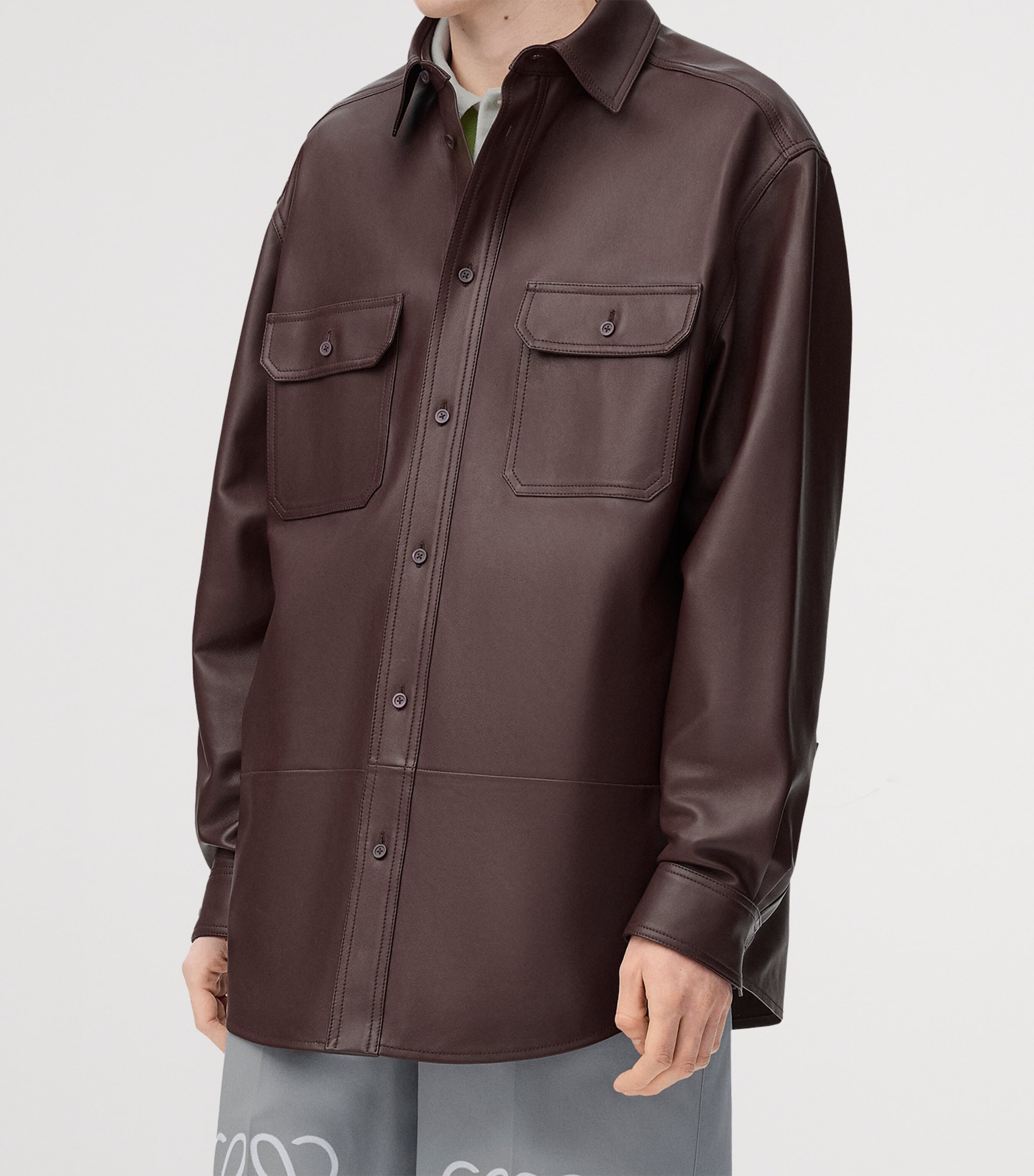 LOEWE Mens Leather Overshirt Chocolate Brown Image 3