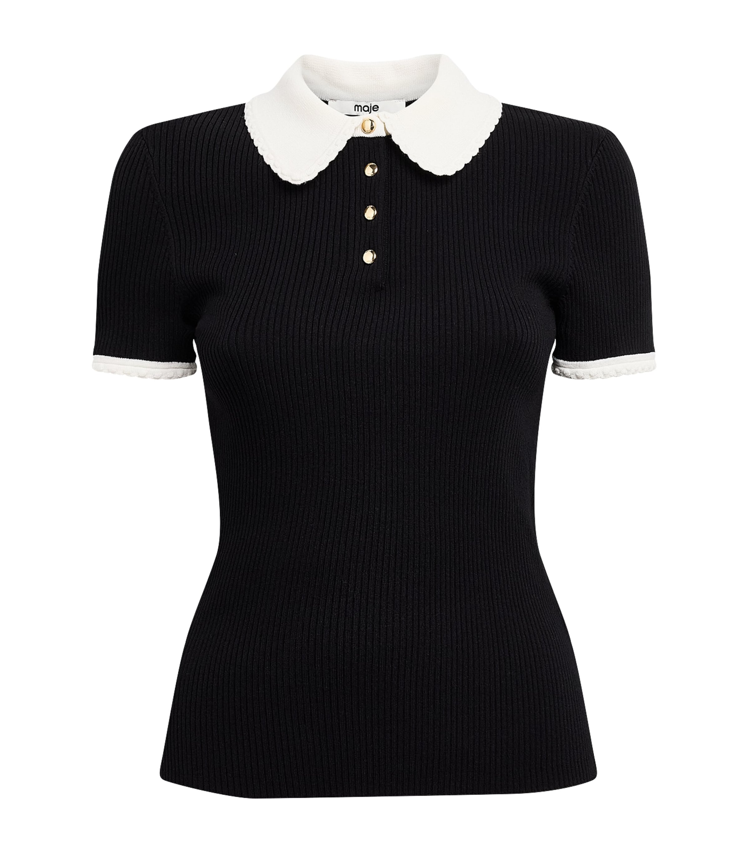 Maje Womens Rib-Knit Polo Shirt Black Image 1