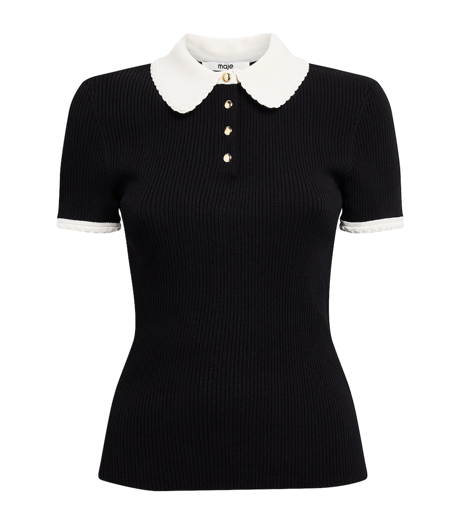 Maje Womens Rib-Knit Polo Shirt Black Image 1