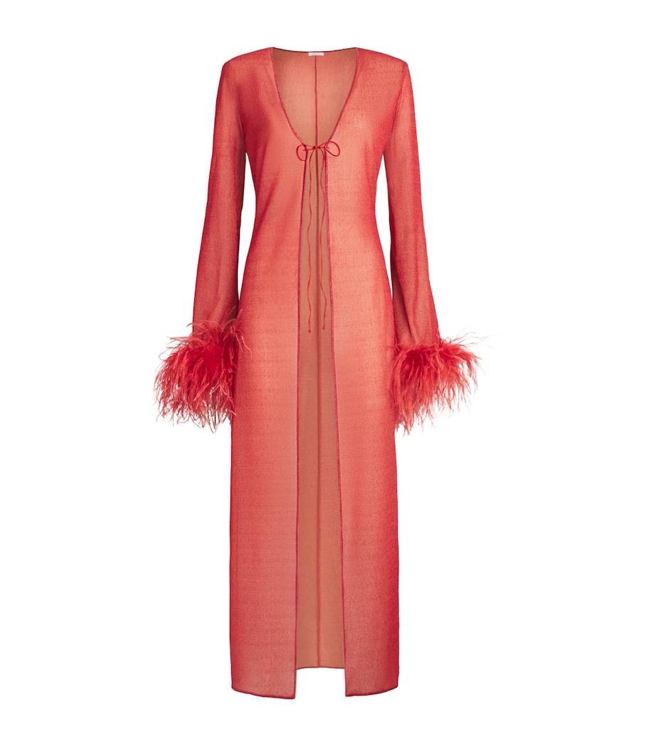 Oséree Womens Feather-Trim Maxi Kaftan Dress Coral Image 1