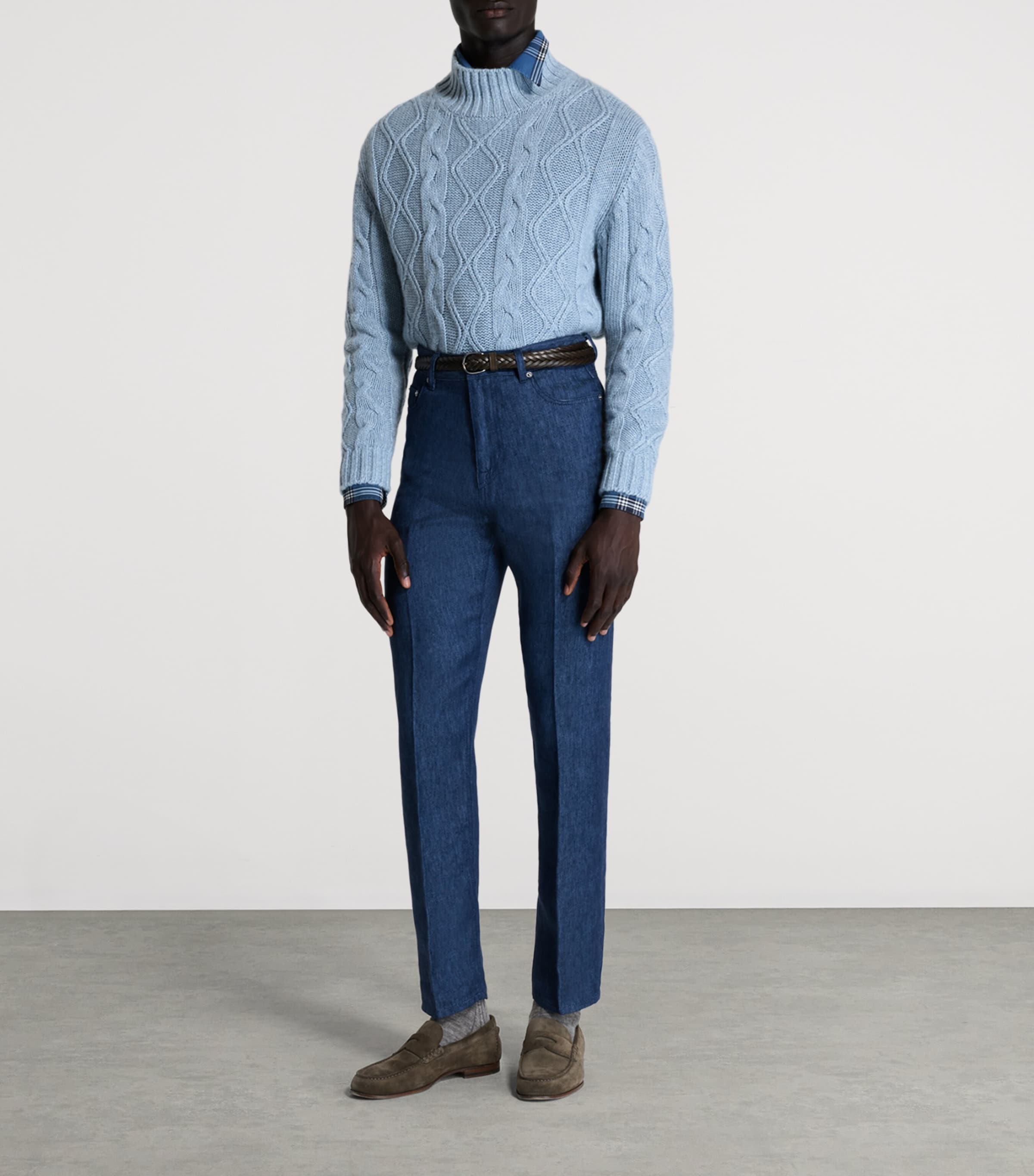 Dunhill Mens Cashmere-Blend Aran Cable-Knit Sweater Denim Image 2
