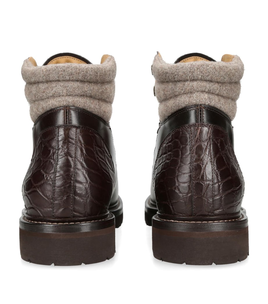 Crocodile Leather Wool-Trim Boots DARK BROWN Image 2