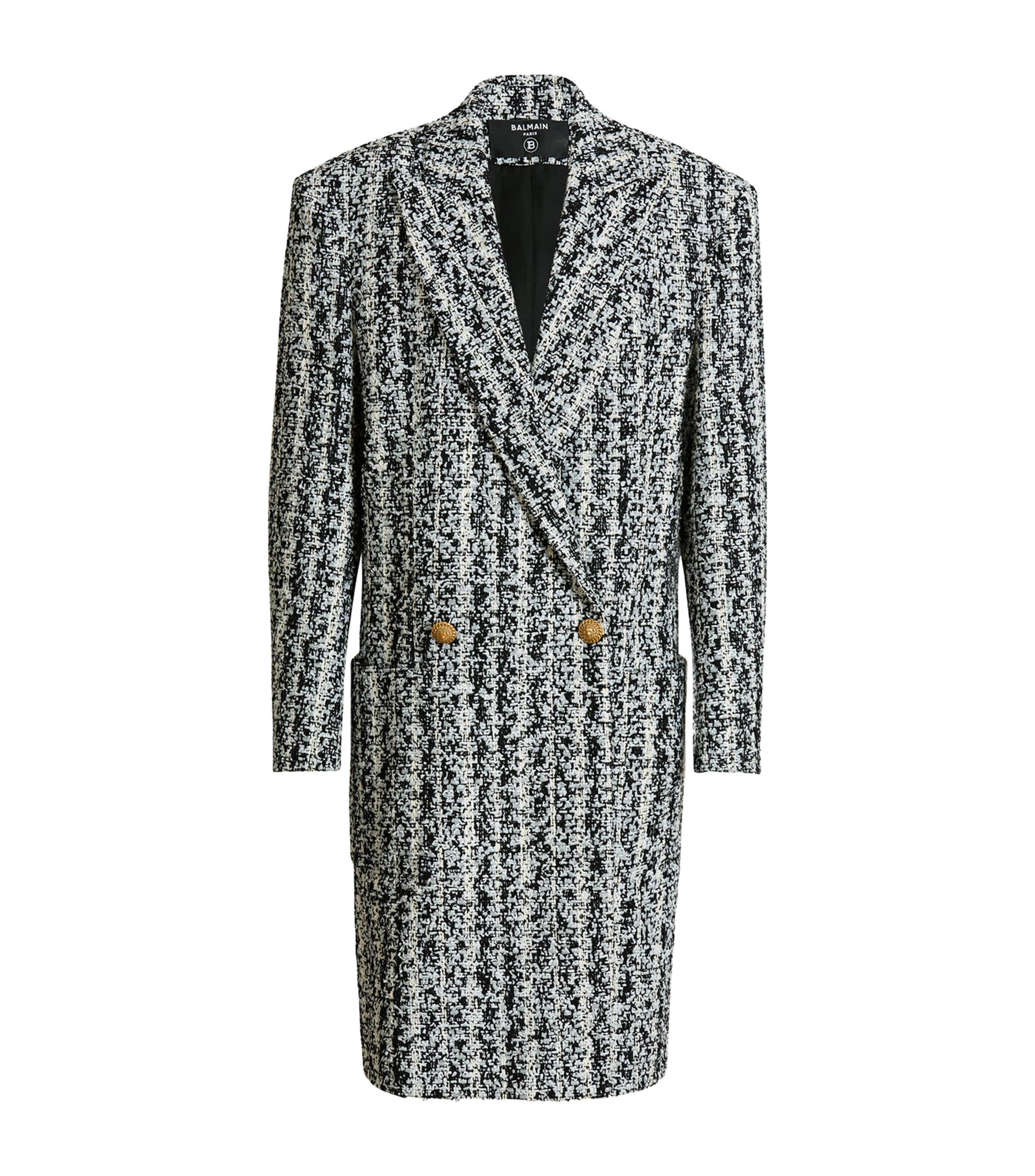 Balmain Womens Tweed Overcoat Eab Noir/blanc Image 1