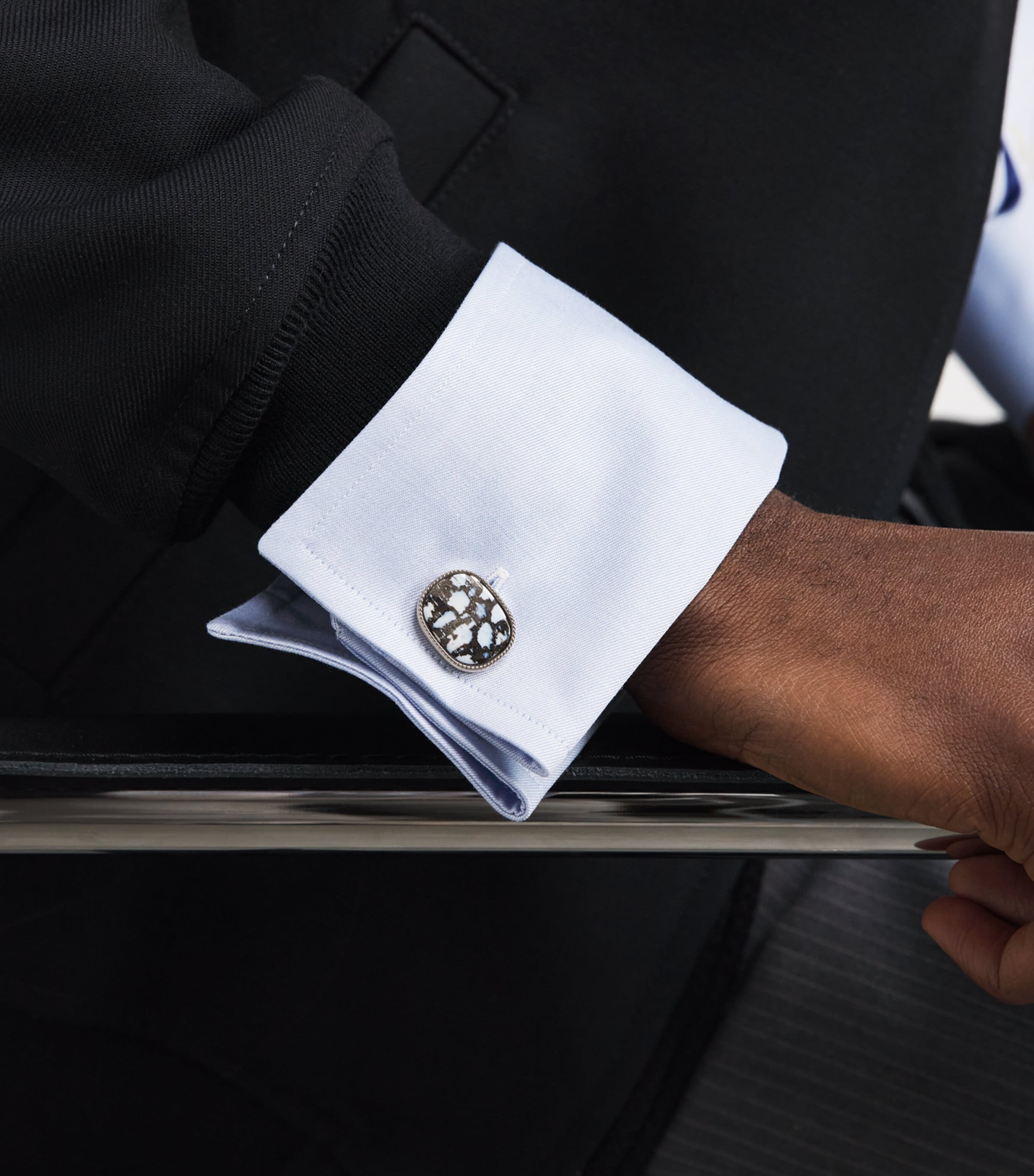 Tateossian Sterling Silver and Fossil Palm Cufflinks Black Image 2