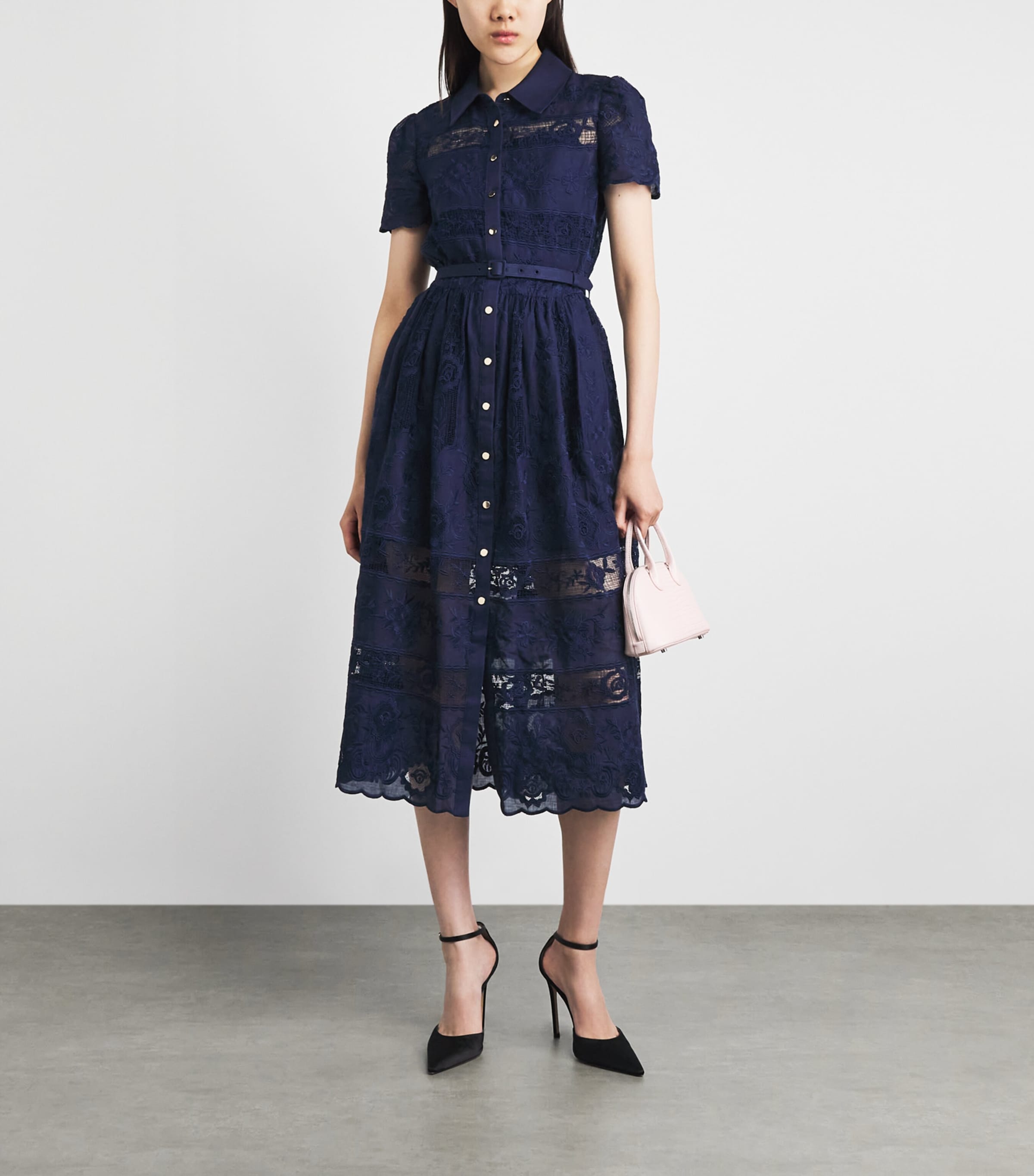 Self-Portrait Womens Ramie Embroidered Midi Shirt Dress Navy Image 2