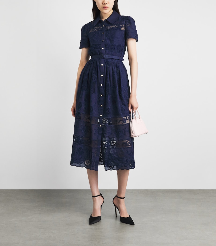 Self-Portrait Womens Ramie Embroidered Midi Shirt Dress Navy Image 2