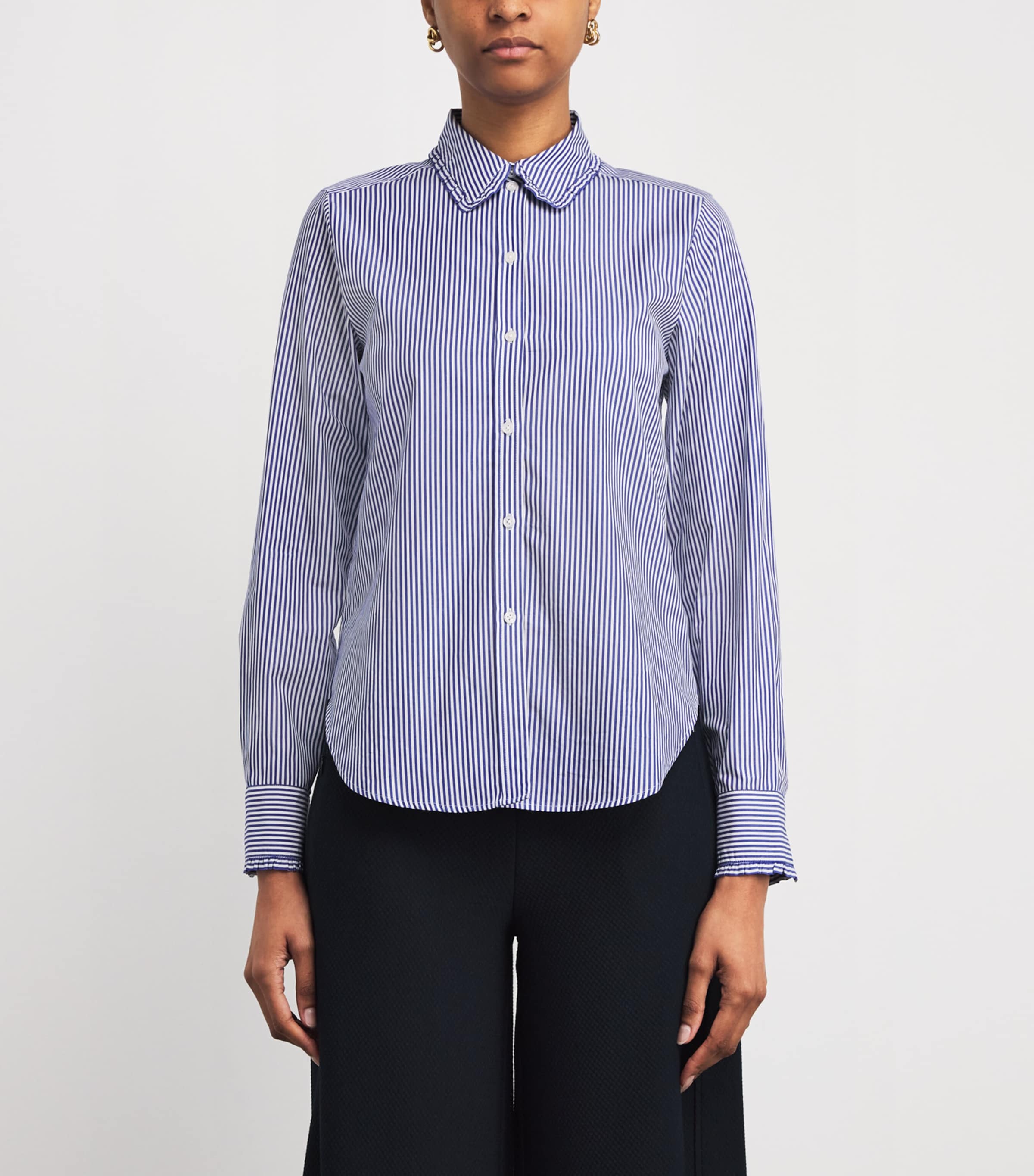 Cotton Stripe Ruffled Shirt NAVY/WHITE Image 3