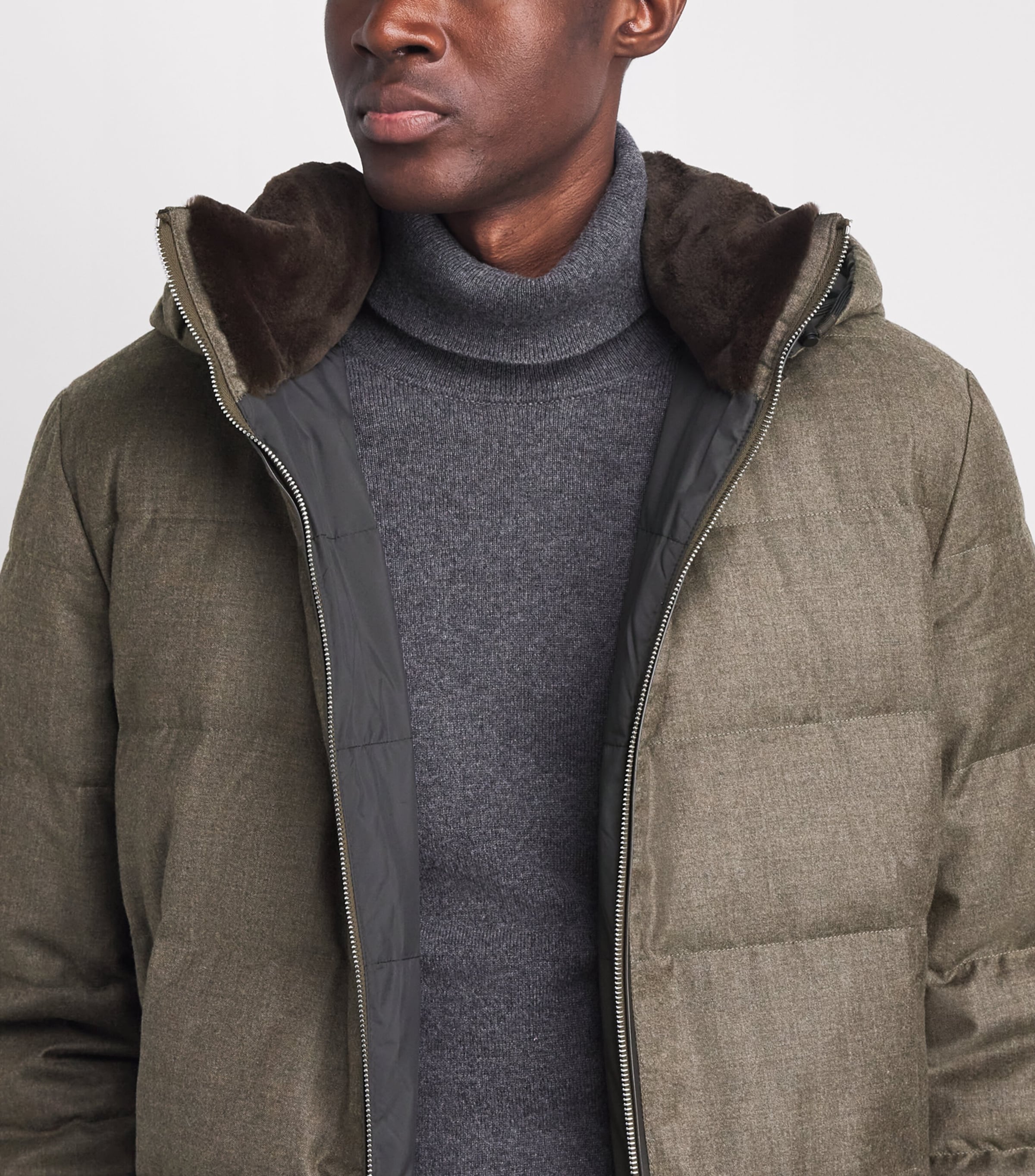 Yves Salomon Mens Down Wool-Silk Hooded Parka Earth Image 3