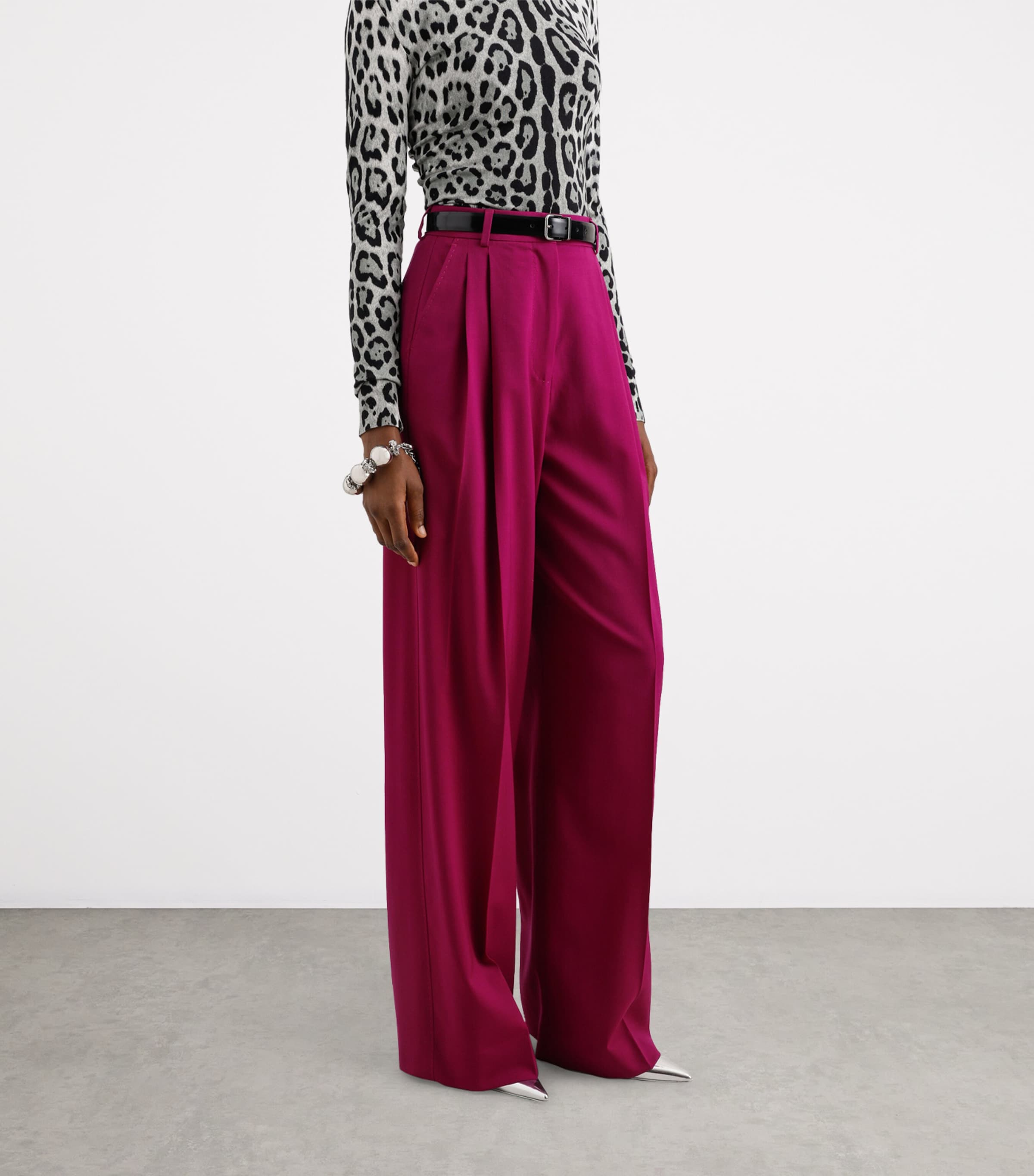 Stretch-Wool Wide-Leg Trousers F0321-FUXIA Image 4