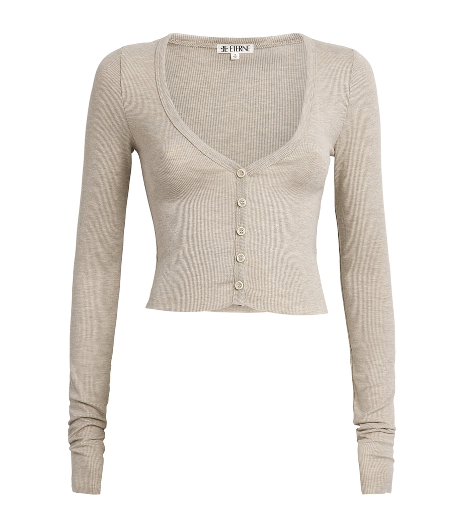 ÉTERNE Womens Ribbed Cropped V-Neck Cardigan Hoat Heather Oatmeal Image 1