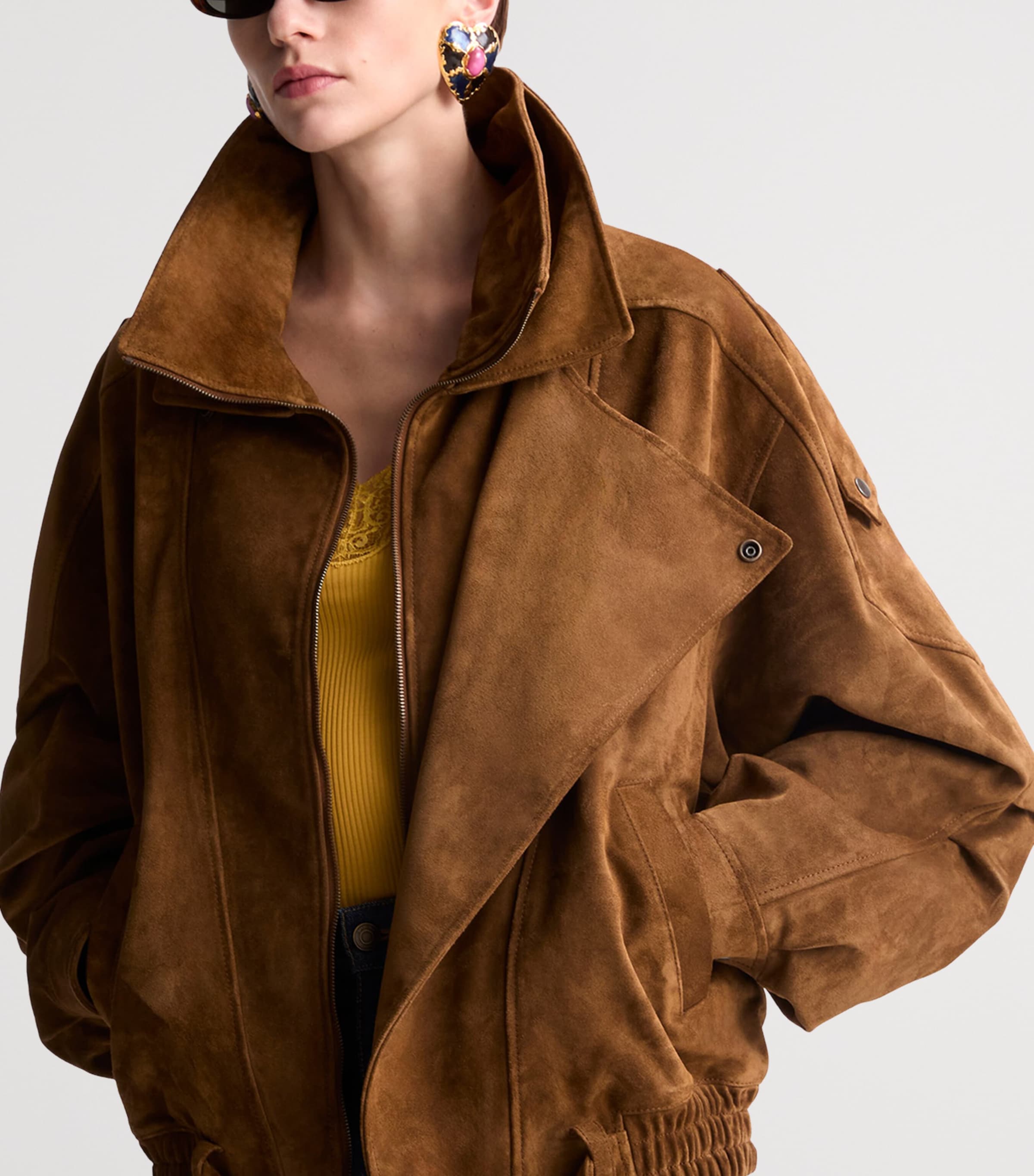 Saint Laurent Womens Suede Belted Bomber Jacket Image 2