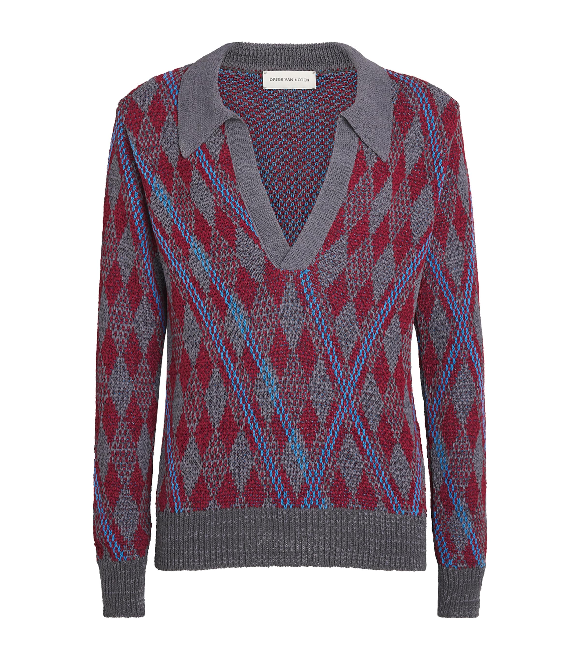 DRIES VAN NOTEN Mens Argyle Open-Collar Sweater Grey Image 1