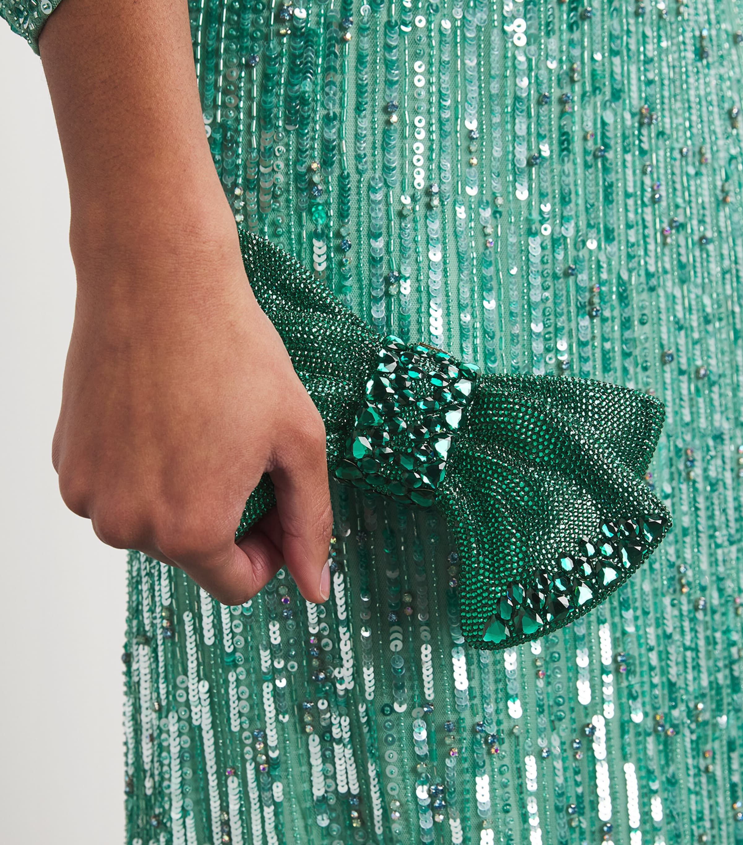 x Harrods EXCLUSIVE Embellished Just For You Bow Clutch Bag CEMER CHMPGN EMRLD Image 5