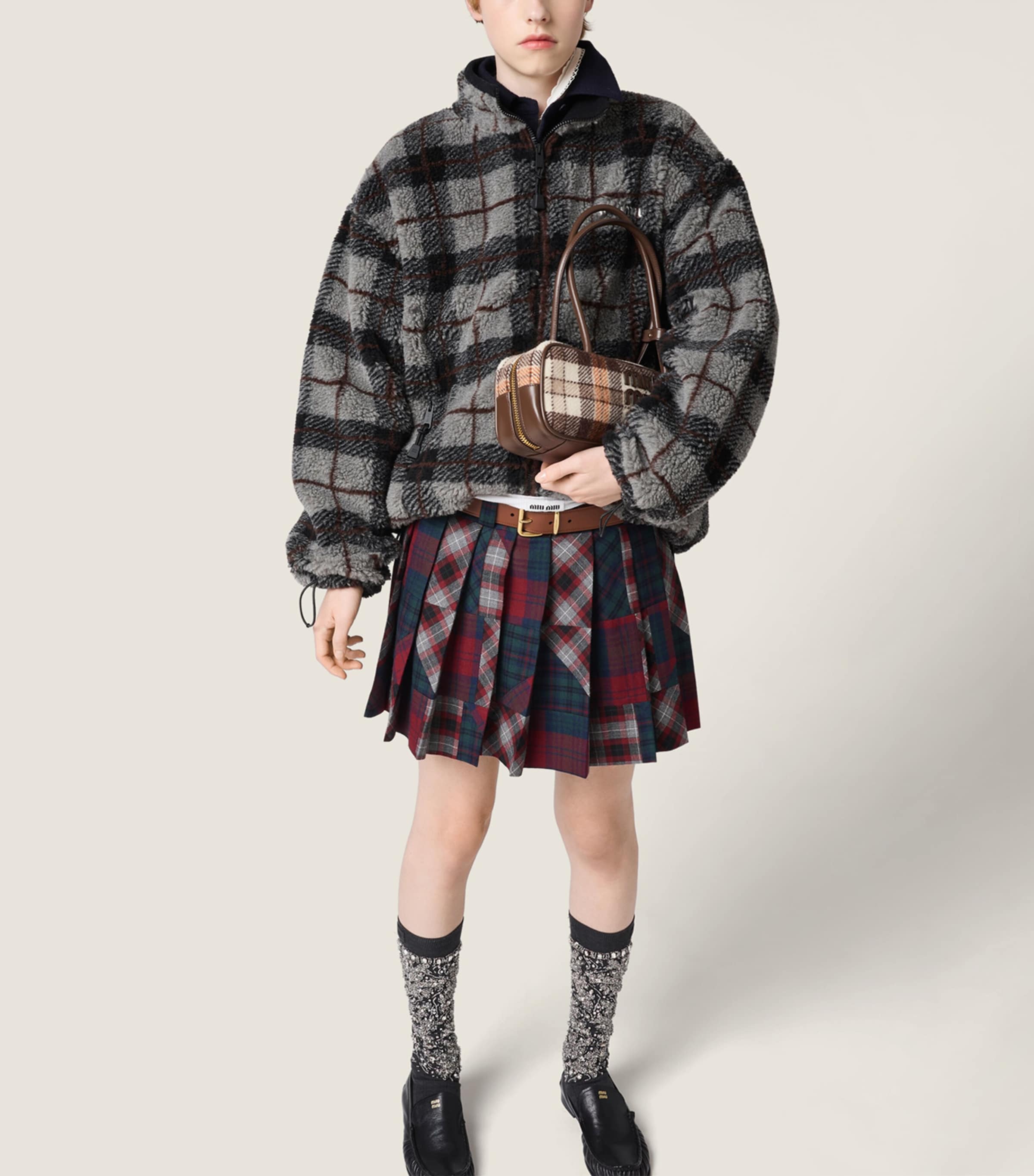美品 MIU MIU クロップドブルゾン 2021年 チェック ジャケット L Miu Miu Checked Zip Jacket | Neutrals | FARFETCH UK