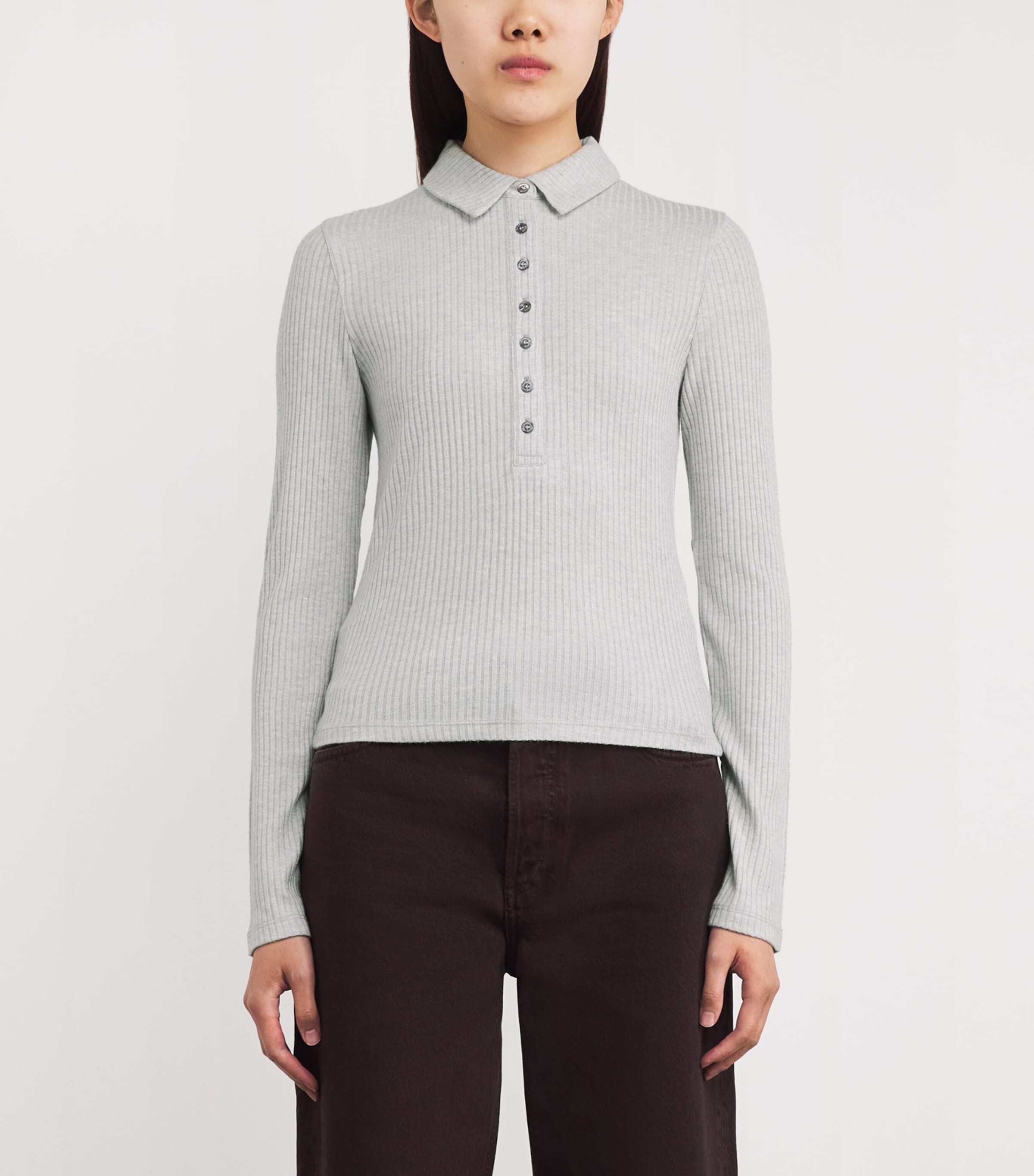 Ribbed Eden Polo Top HEATHER GREY Image 3