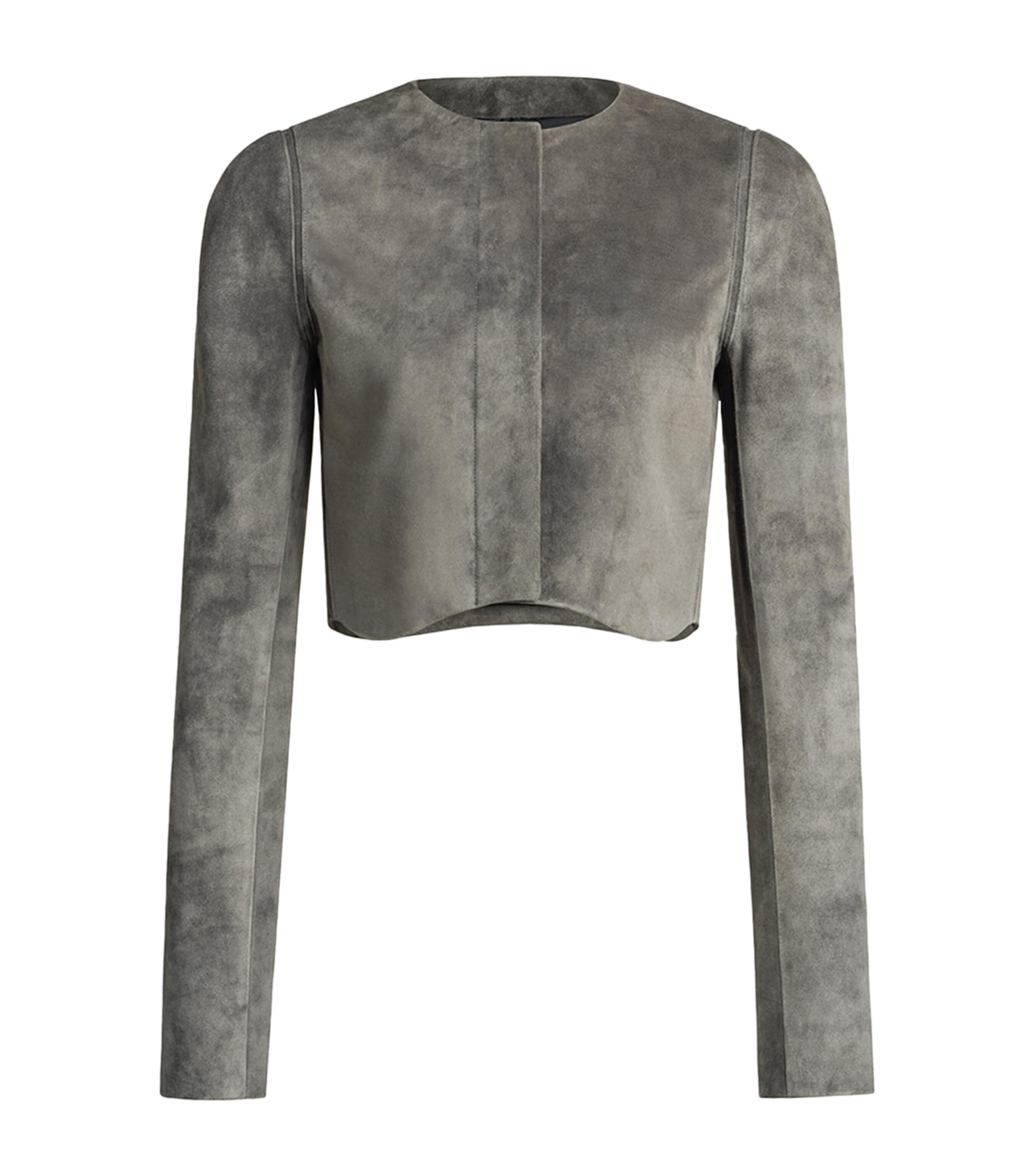 Alaïa Womens Suede Curved-Hem Cropped Jacket Grey Image 1