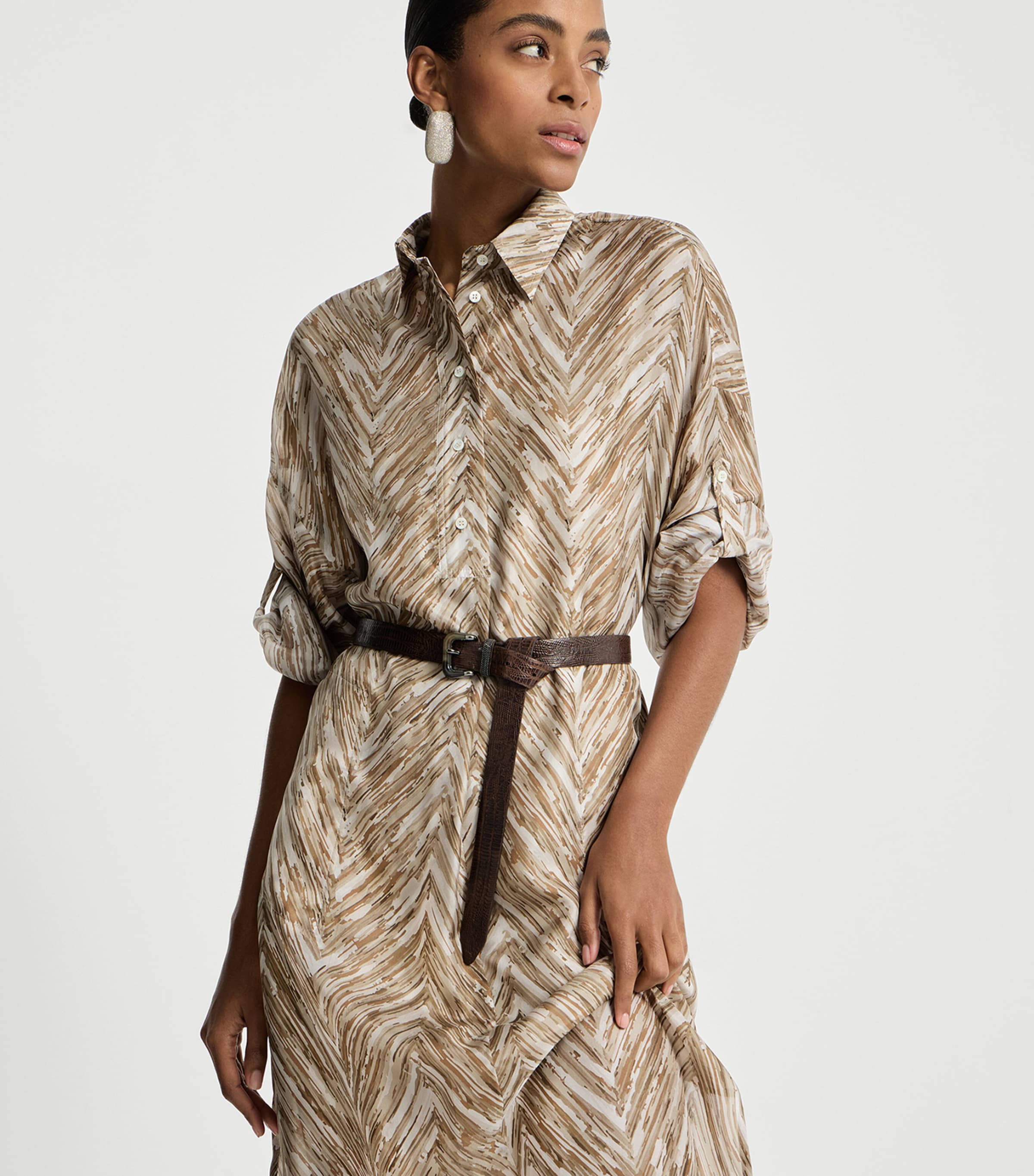 Brunello Cucinelli Womens Silk Chevron Shirt Dress Image 4