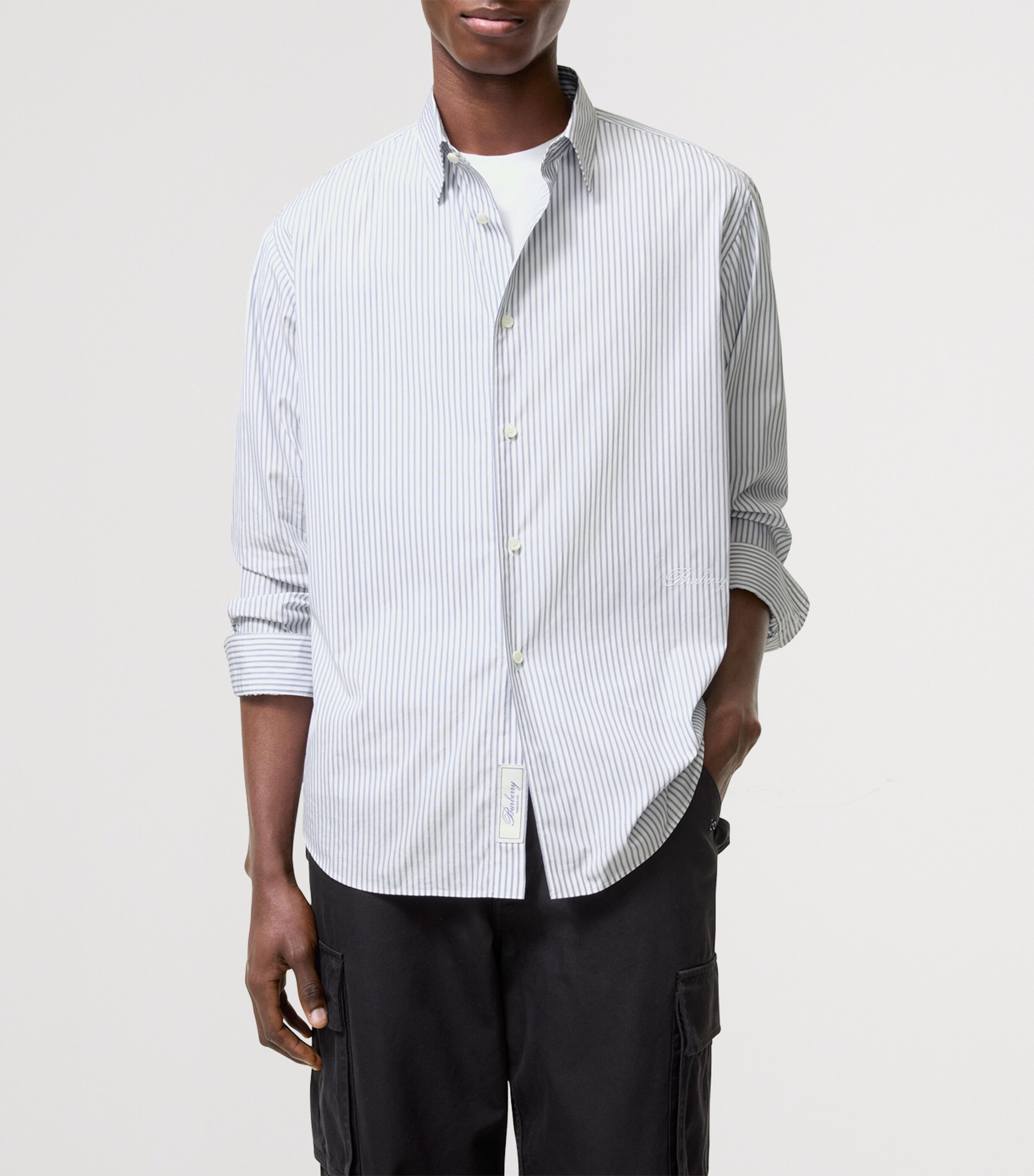 Burberry Mens Cotton Stripe Shirt Rain Whitesapph Blu Image 2