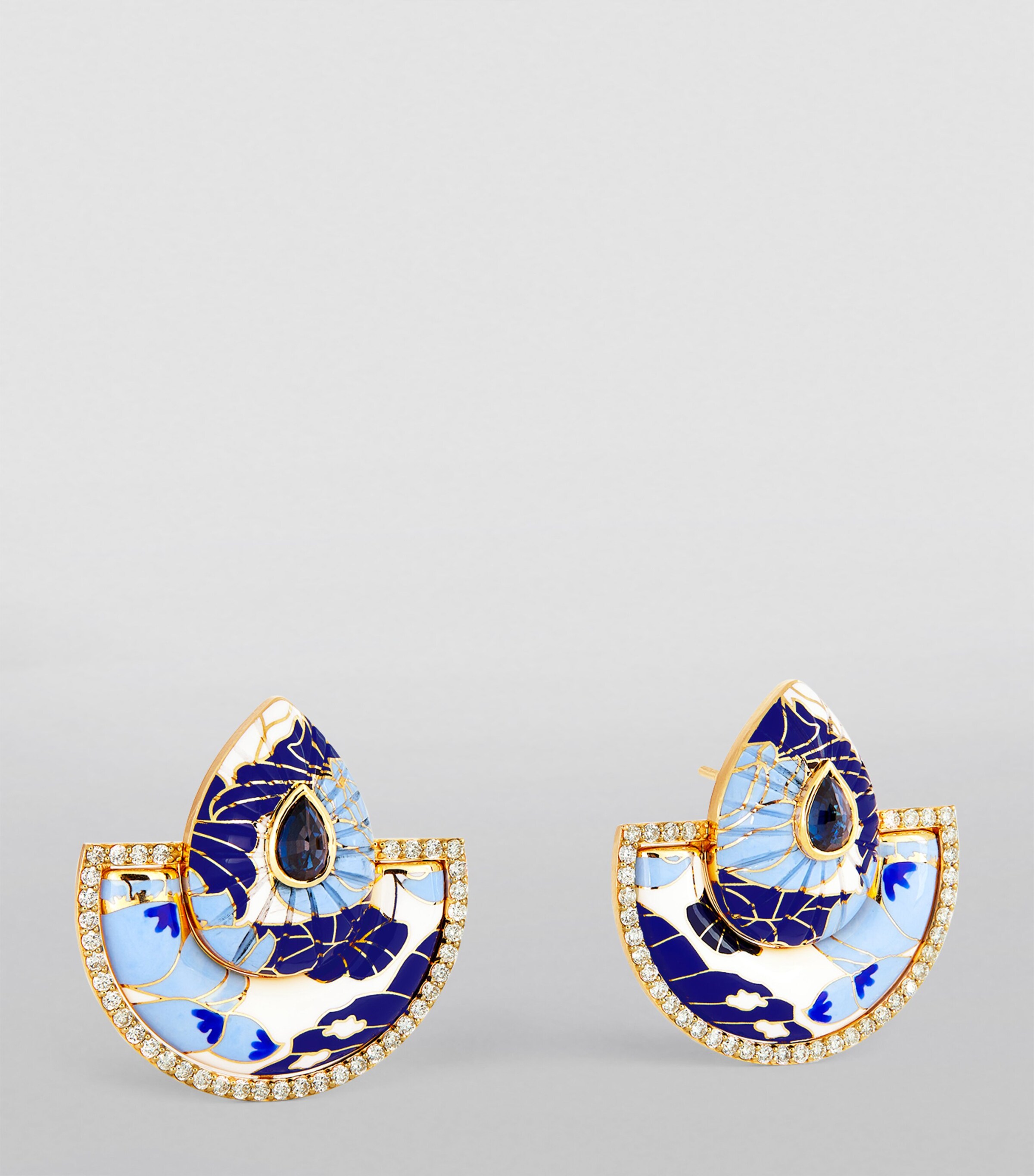 L'ATELIER NAWBAR Yellow Gold and Diamond Chinoiserie Bond Fan Earrings Blue White Image 2