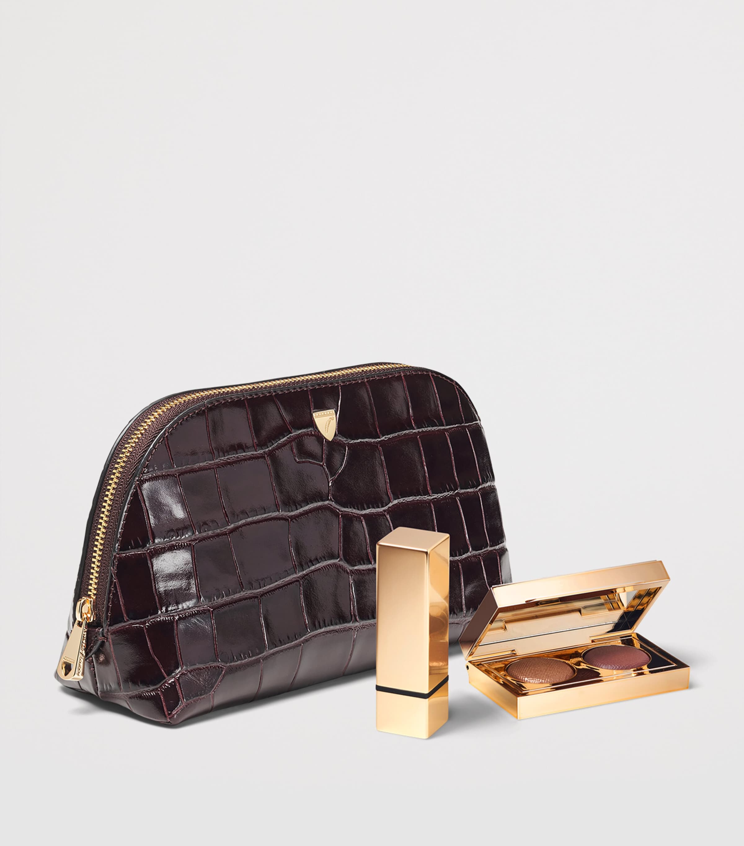 Aspinal Of London Small Leather Croc-Embossed Cosmetic Case Amazonbrown Image 3