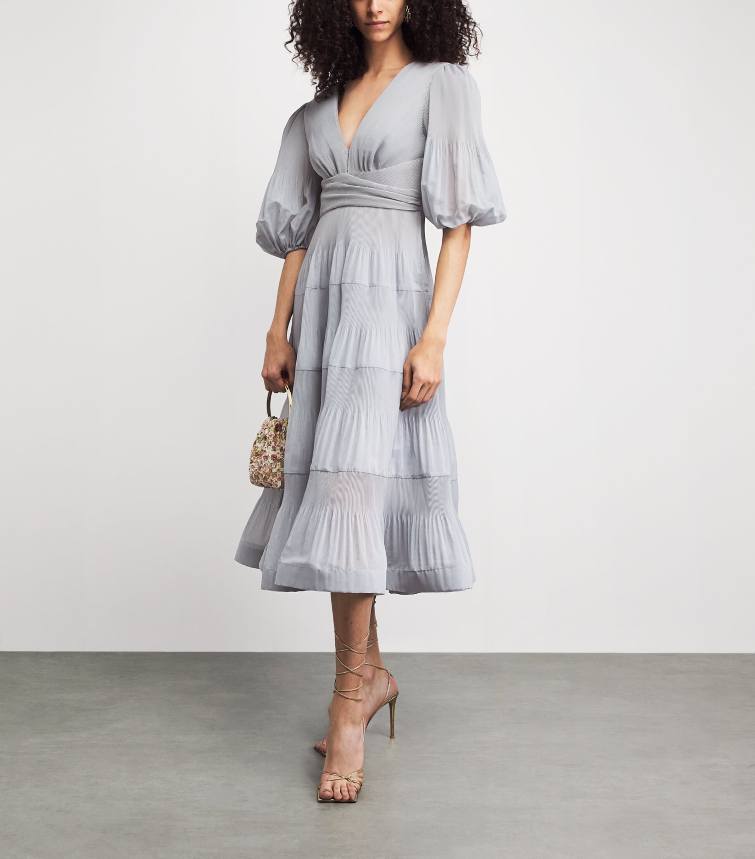 Zimmermann Womens Pleated Plunge-Neck Midi Dress Steel Blue Image 2