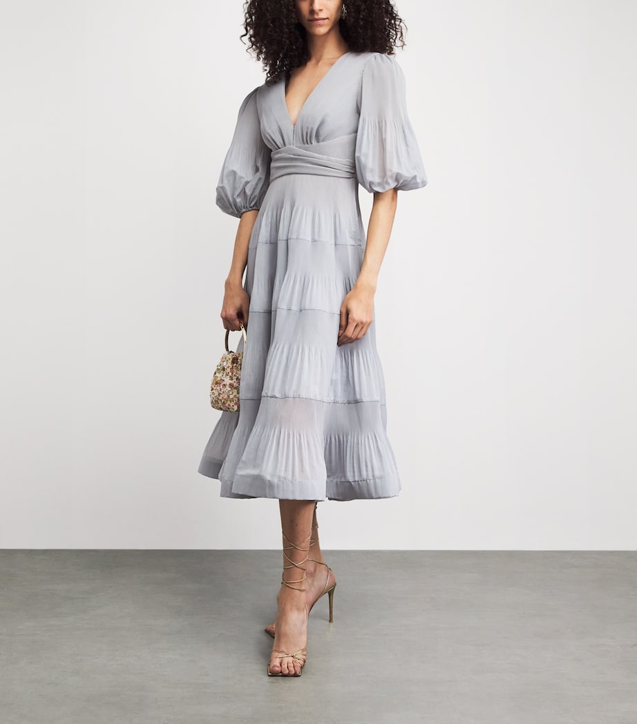 Zimmermann Womens Pleated Plunge-Neck Midi Dress Steel Blue Image 2