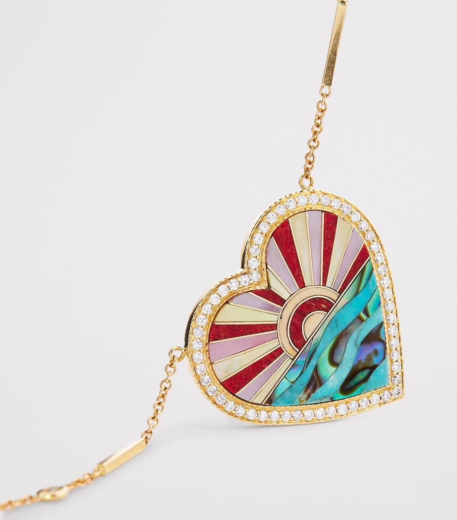Yellow Gold, Diamond, Turquoise and Pearl Coral Sunshine Heart Necklace YELLOW GOLD Image 4