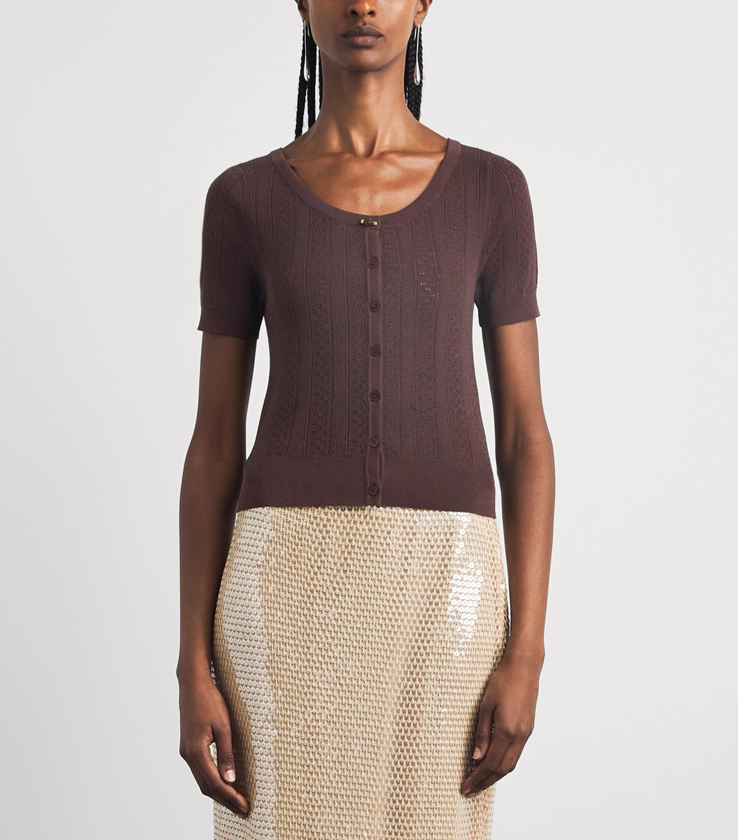 Sandro Paris Womens Pointelle Short-Sleeve Cardigan Brown Image 4