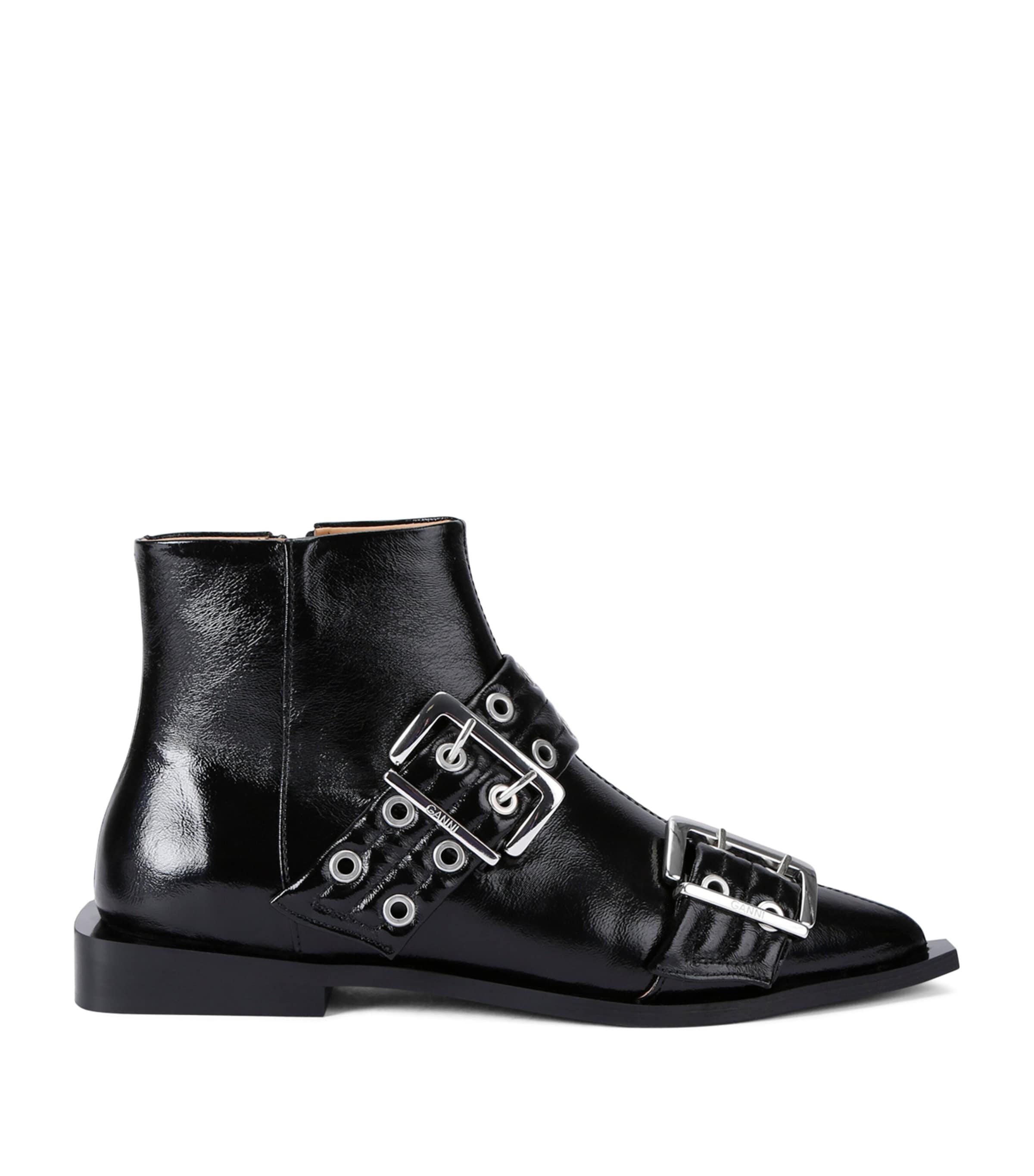 Ganni Faux-leather Flat Buckled Boots In Black