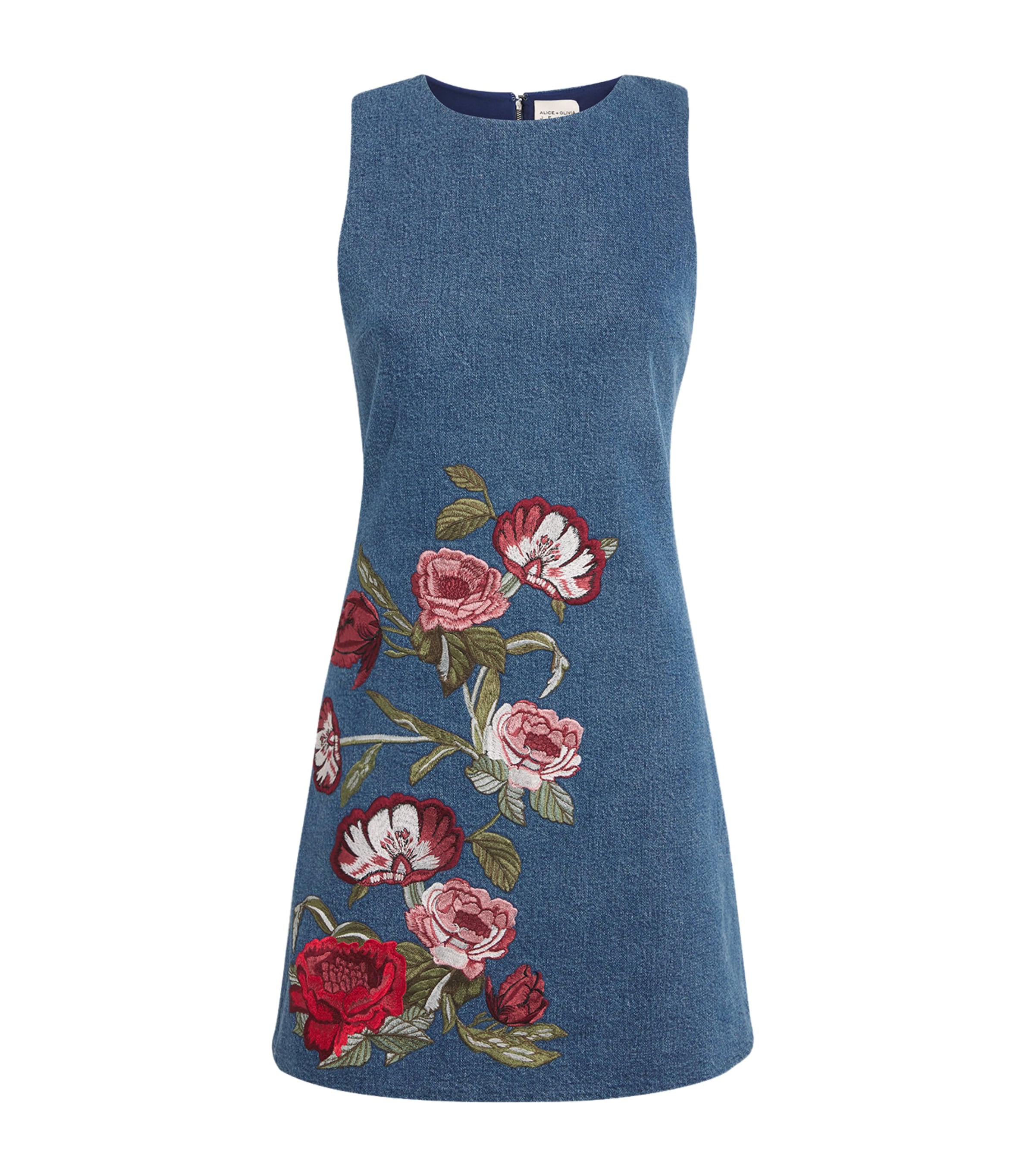 Alice And Olivia Denim Embroidered Mini Dress In Blue