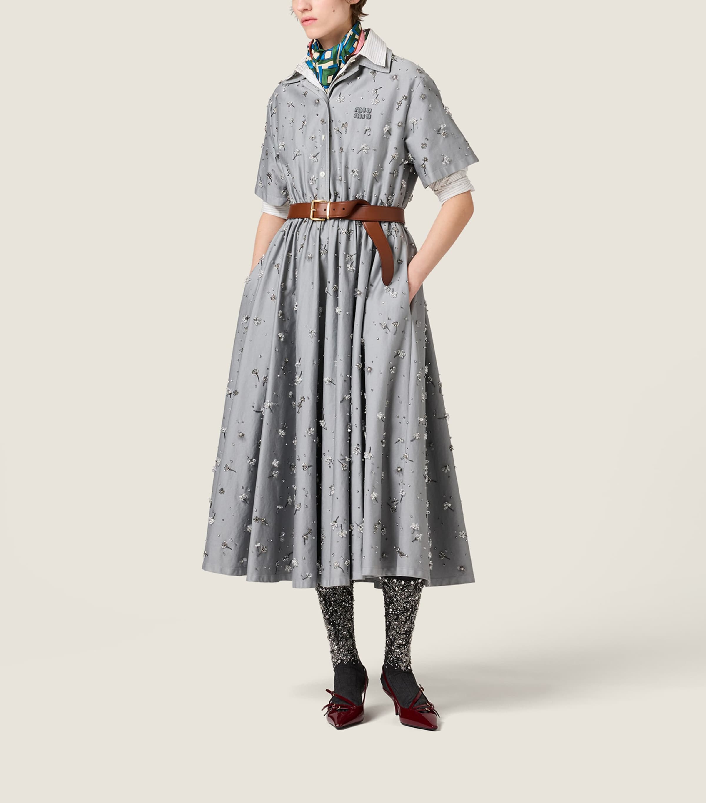 Miu Miu Womens Cotton Satin Embellished Midi Shirt Dress Image 2