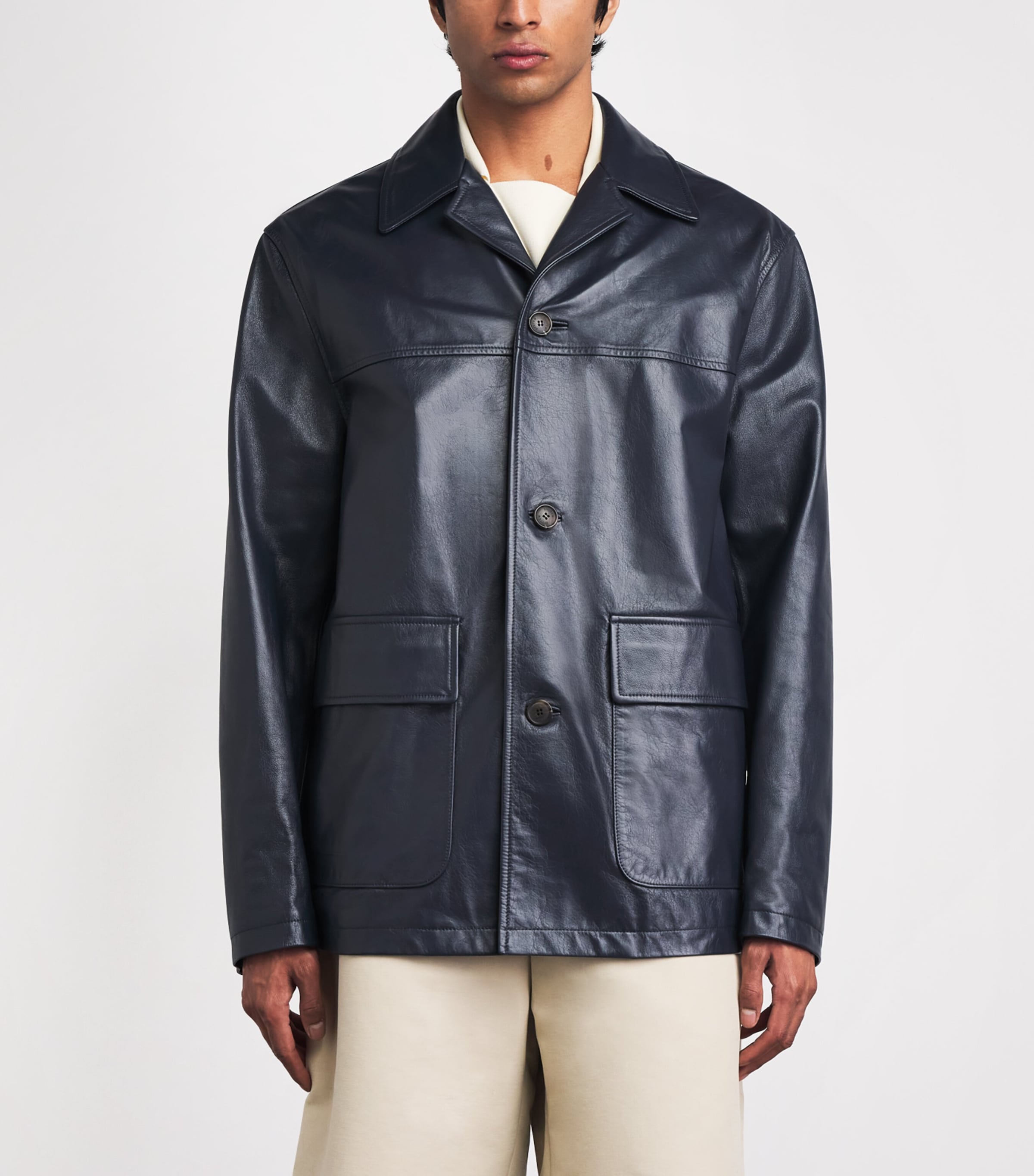System Mens Leather Jacket Dark Navy Image 4