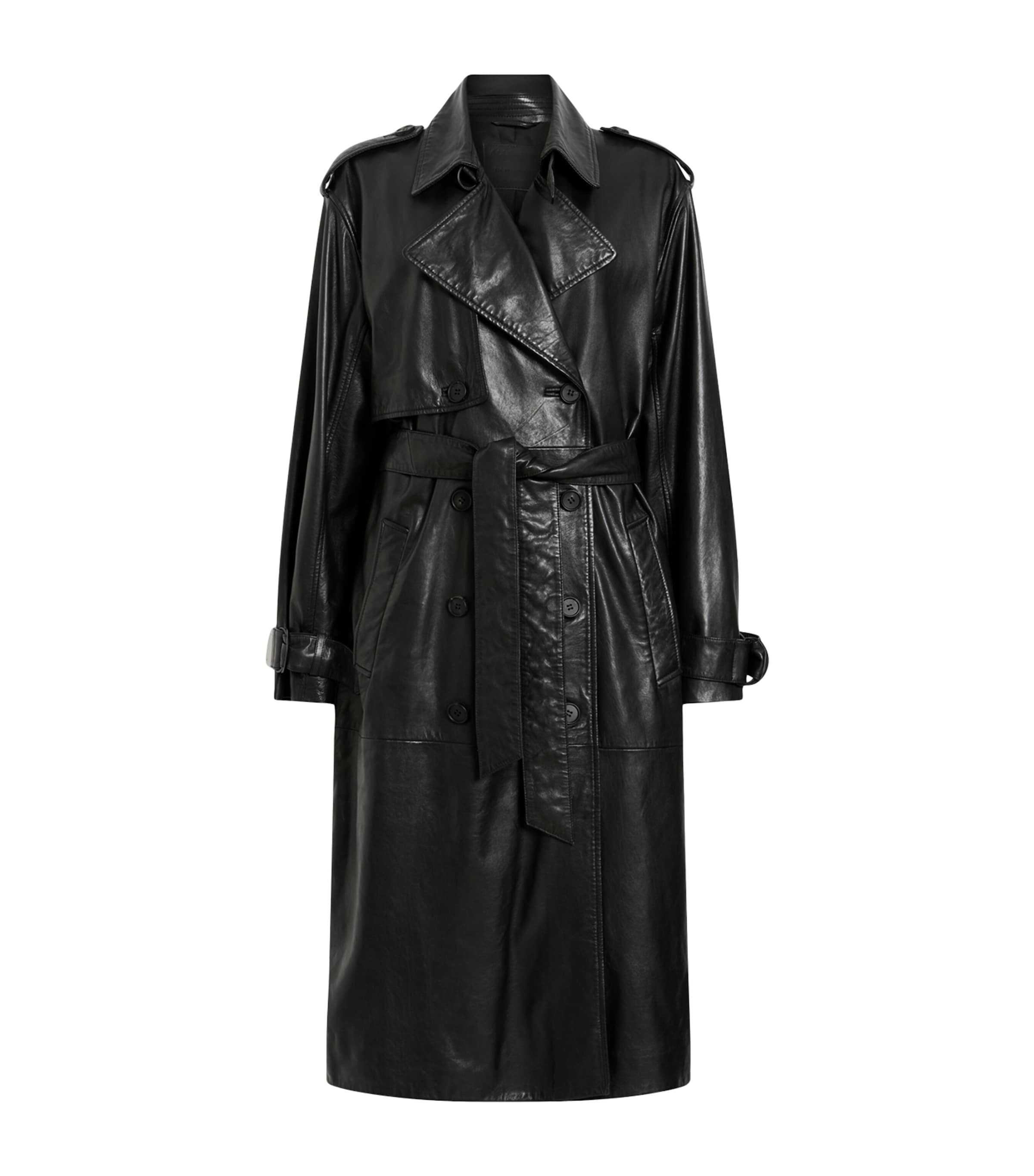 Allsaints Leather Hendry Trench Coat In Black