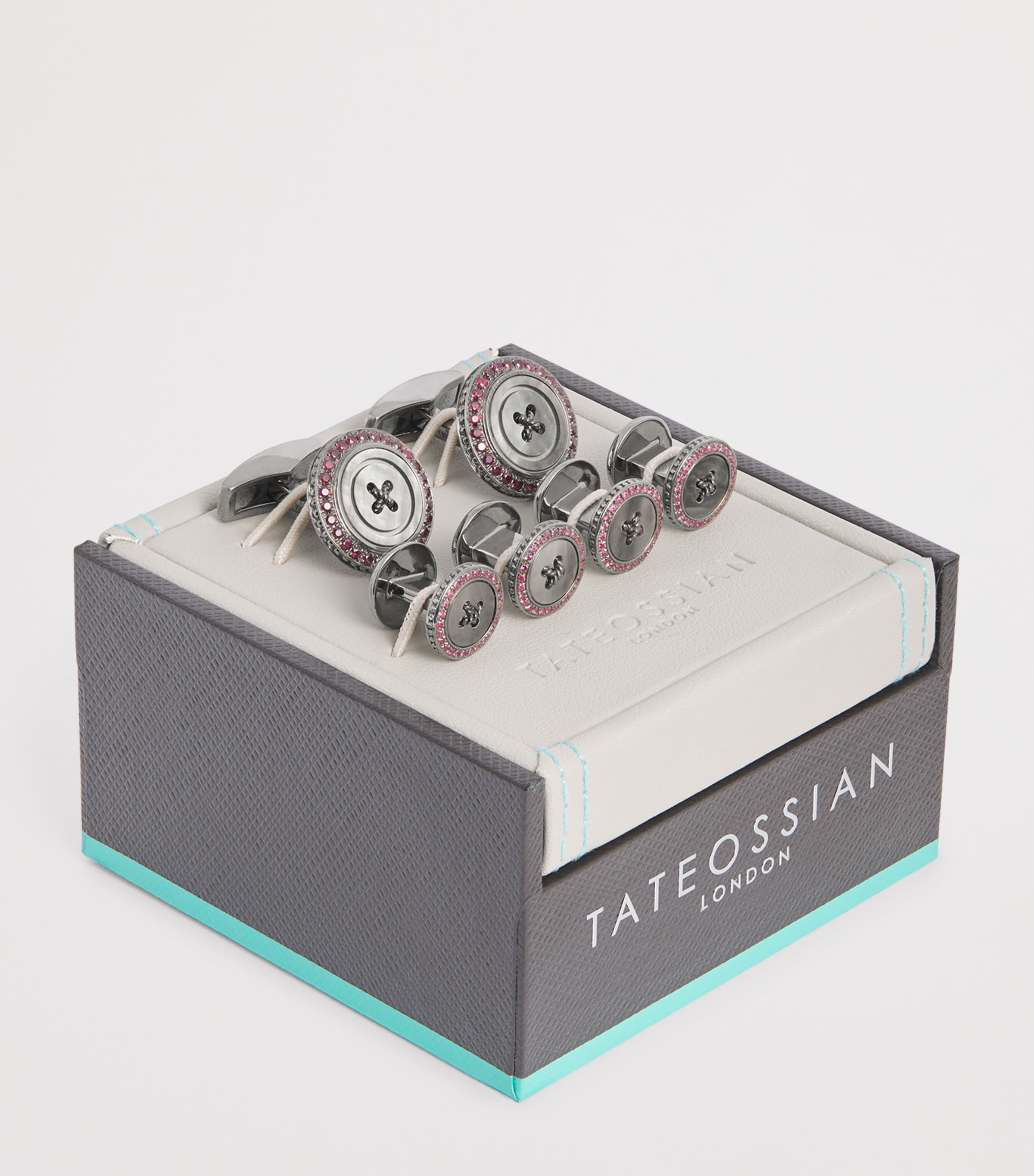 Silver Ruby-Embellished Button Cufflink and Stud Set RED Image 3