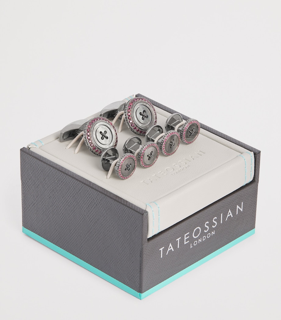 Silver Ruby-Embellished Button Cufflink and Stud Set RED Image 3