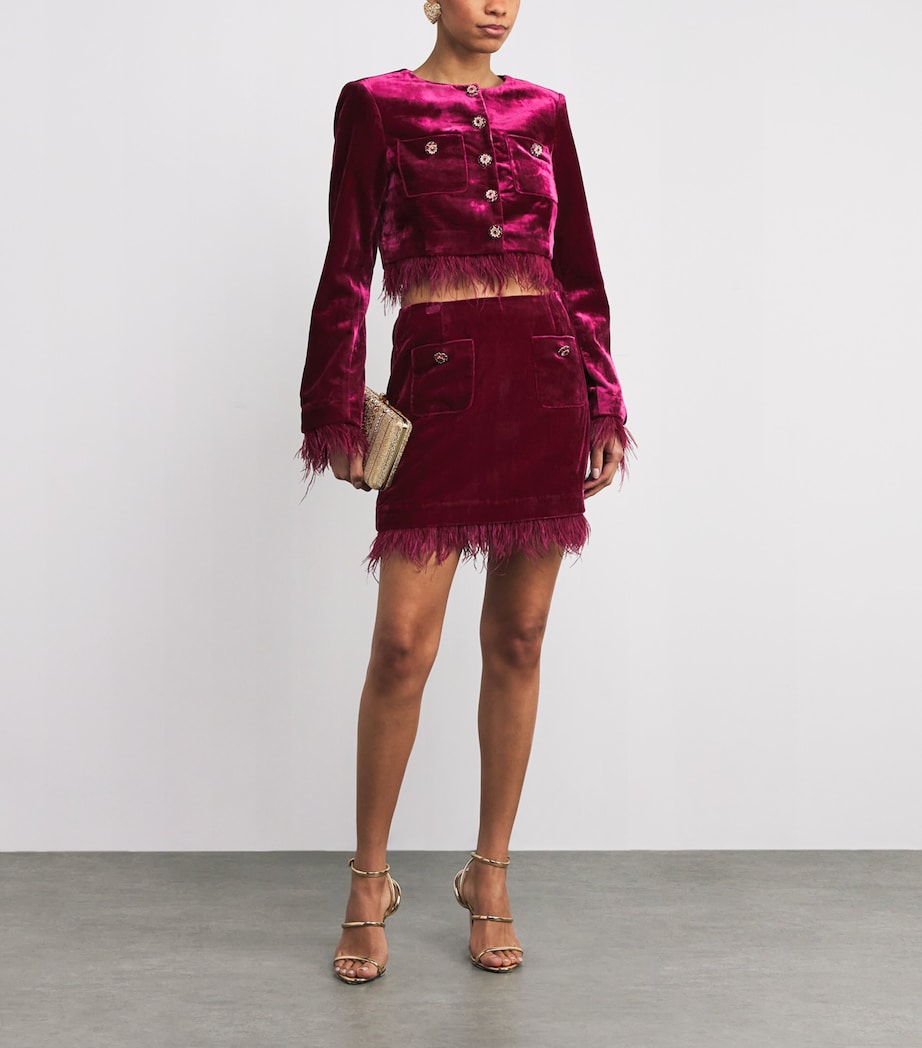 Cinq A Sept Womens Velvet Evelina Feather-Trimmed Jacket Red Plum Image 2