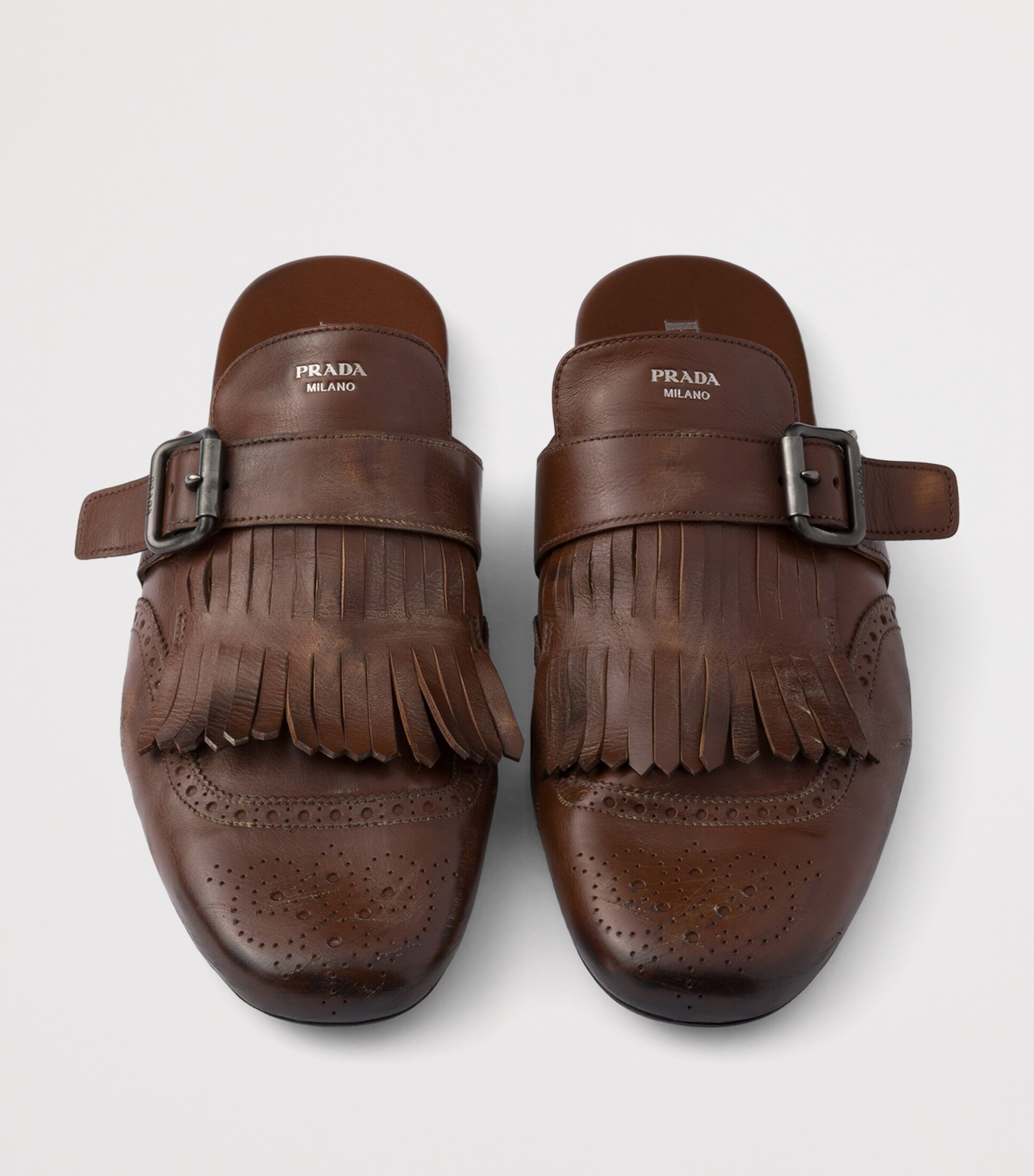 Prada Brown Antiqued Leather Shuffle Mules | Harrods UK