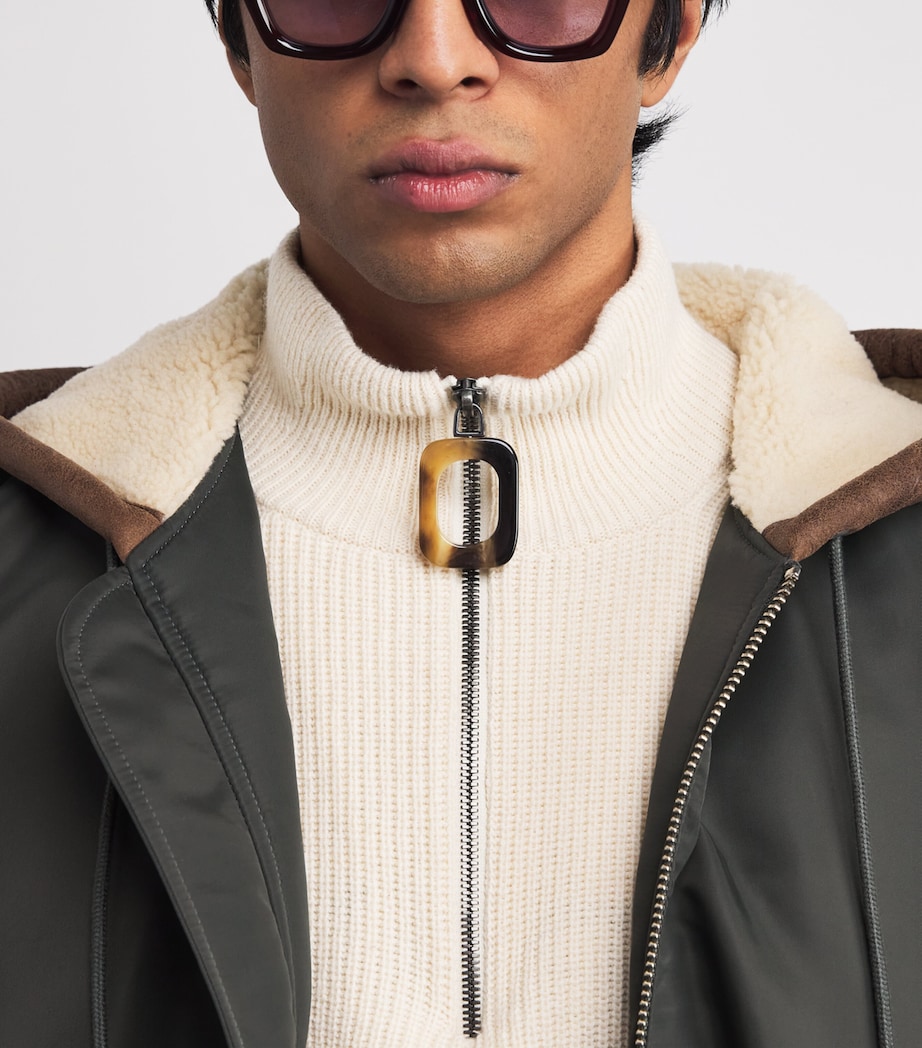 JW Anderson Mens Shearling-Hood Bomber Jacket Dark Khaki Image 6