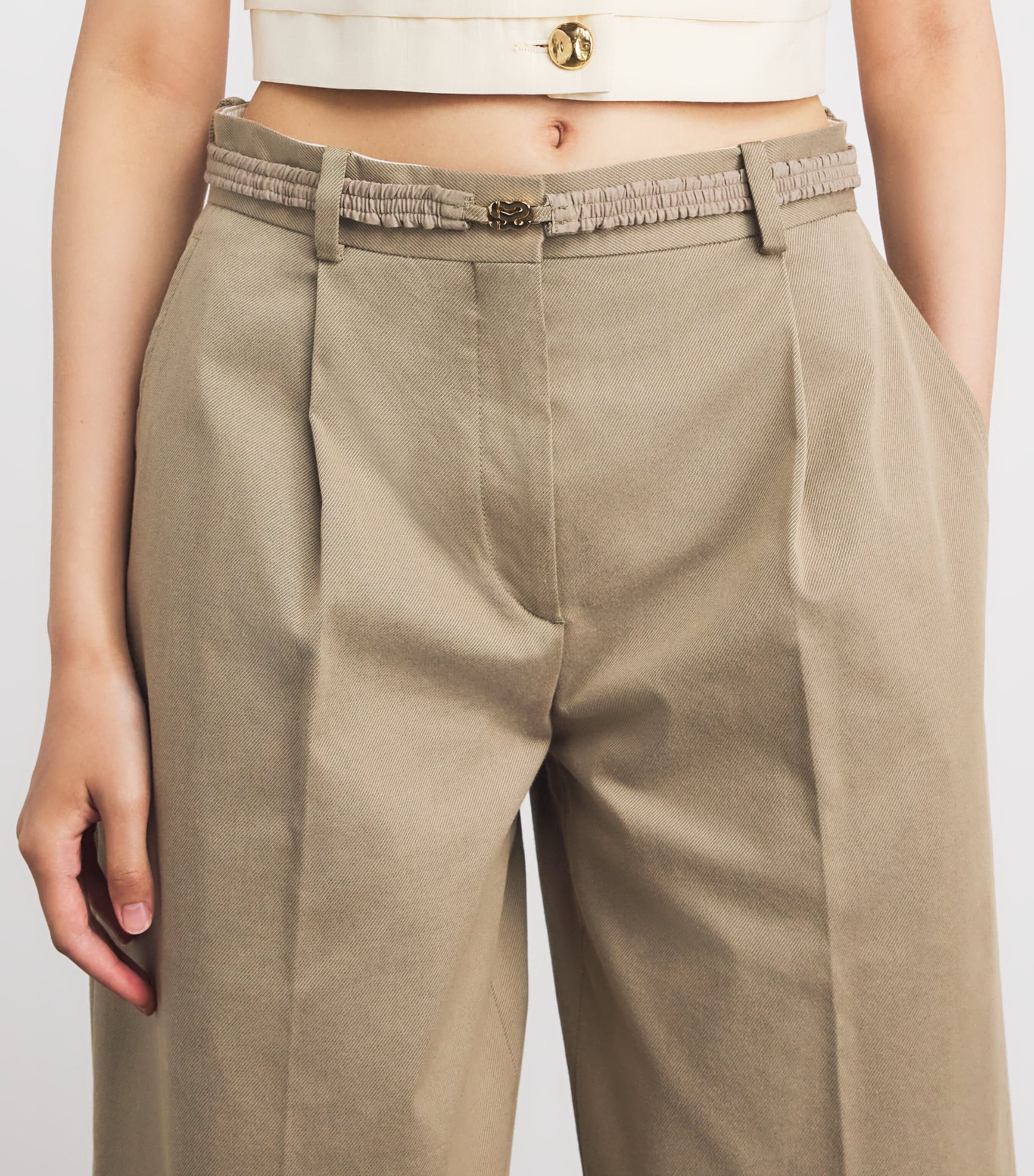 Sandro Paris Womens Cotton-Blend Wide Pleated Trousers Beige Image 3