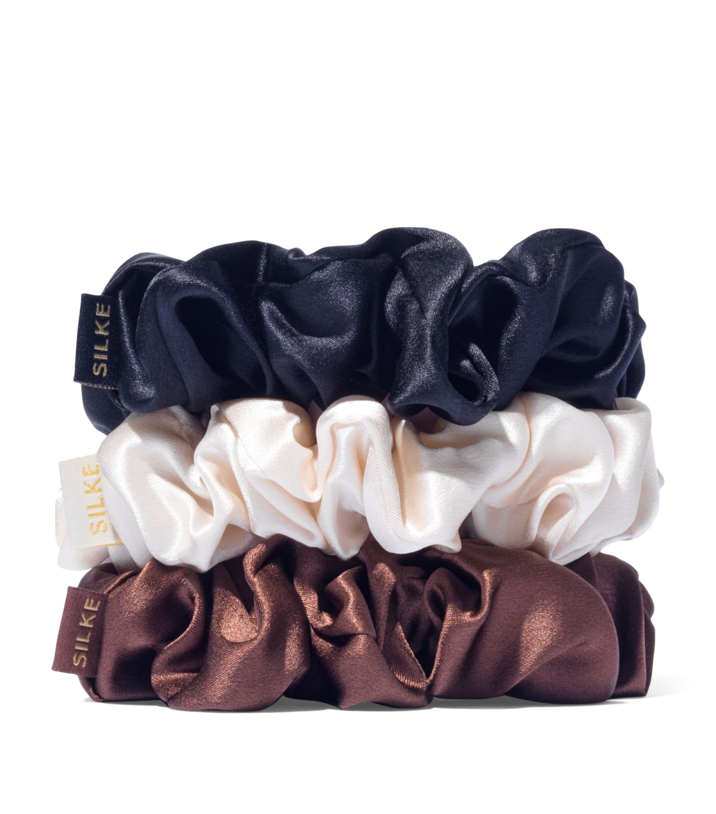 Mulberry Silk Hair Scrunchies (Set of 3) CLASSIC MIX - BROWN, CHAMPAGNE Image 2