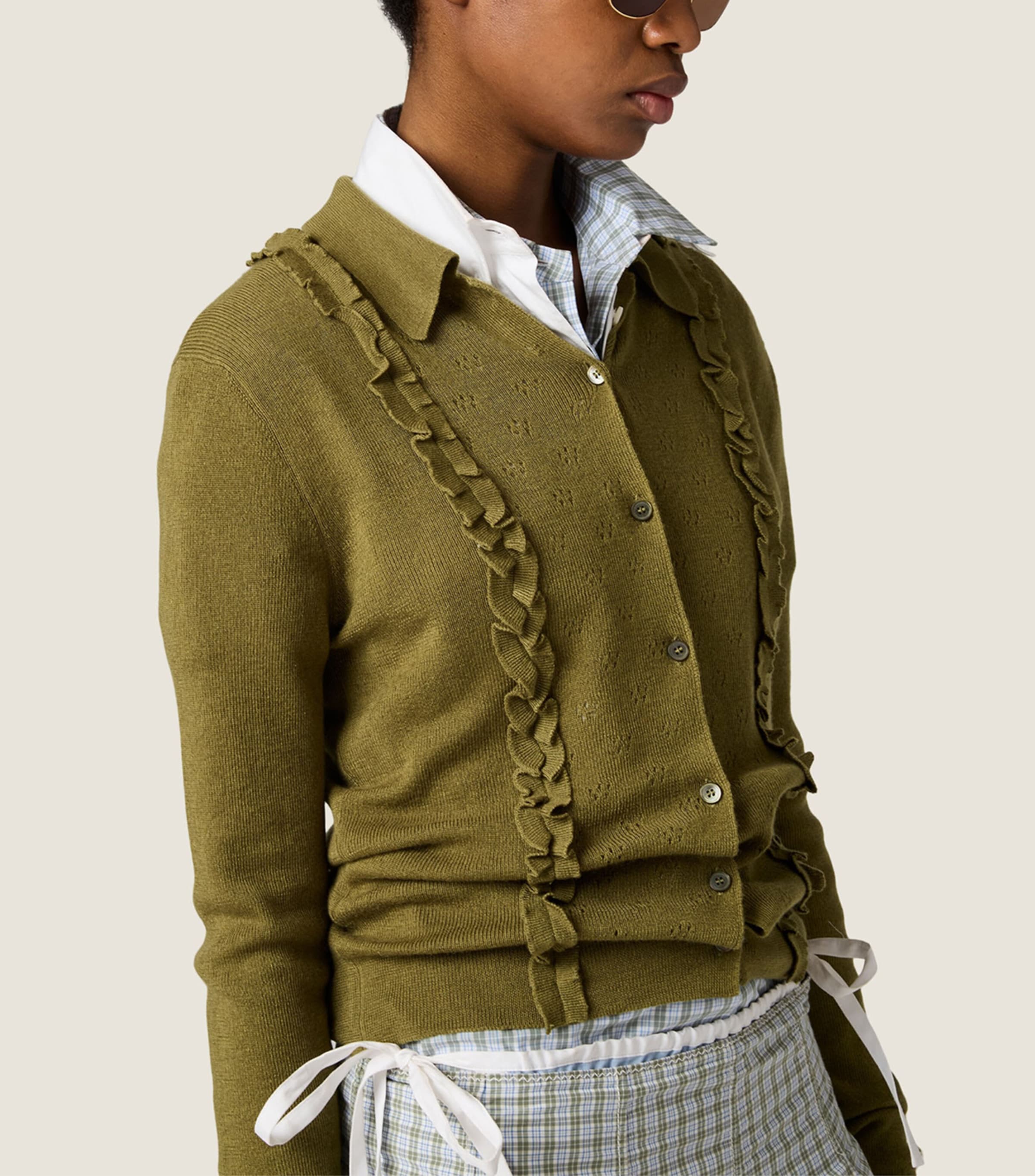 Miu Miu Womens Cashmere-Silk Ruffled Cardigan Green Image 5