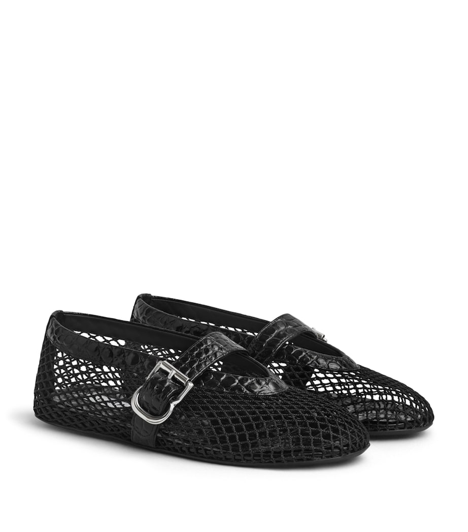 Alaïa Womens Croc-Embossed Leather Mesh Ballet Flats Black Image 3