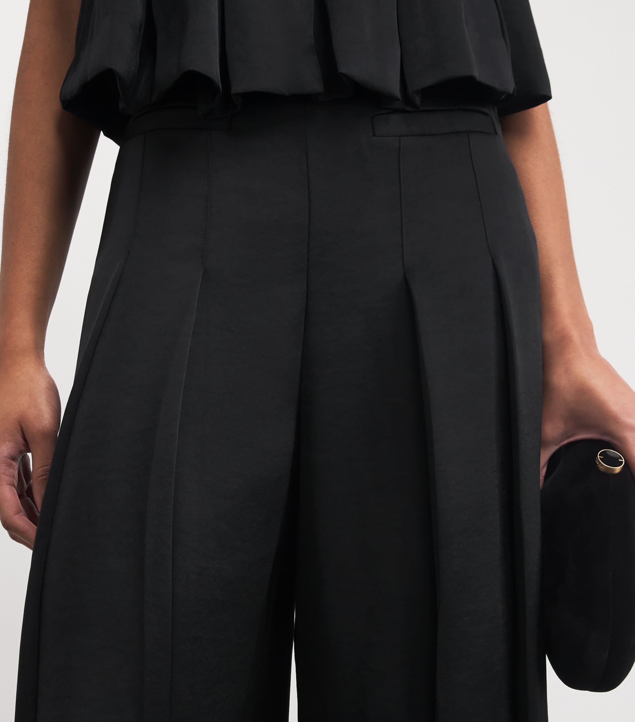 Satin Pleated Wide-Leg Trousers BLACK Image 6