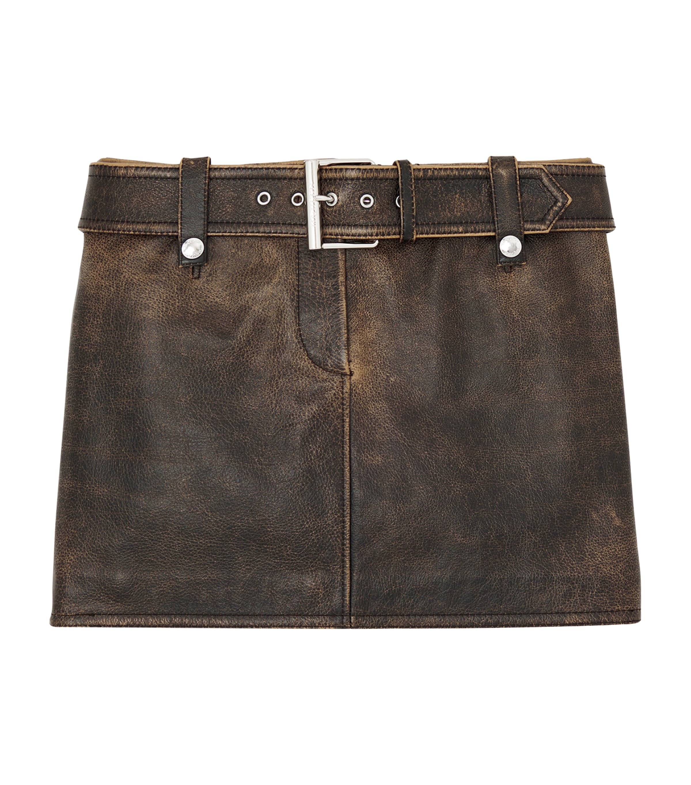Alexander Mcqueen Belted Leather Mini Skirt In Brown